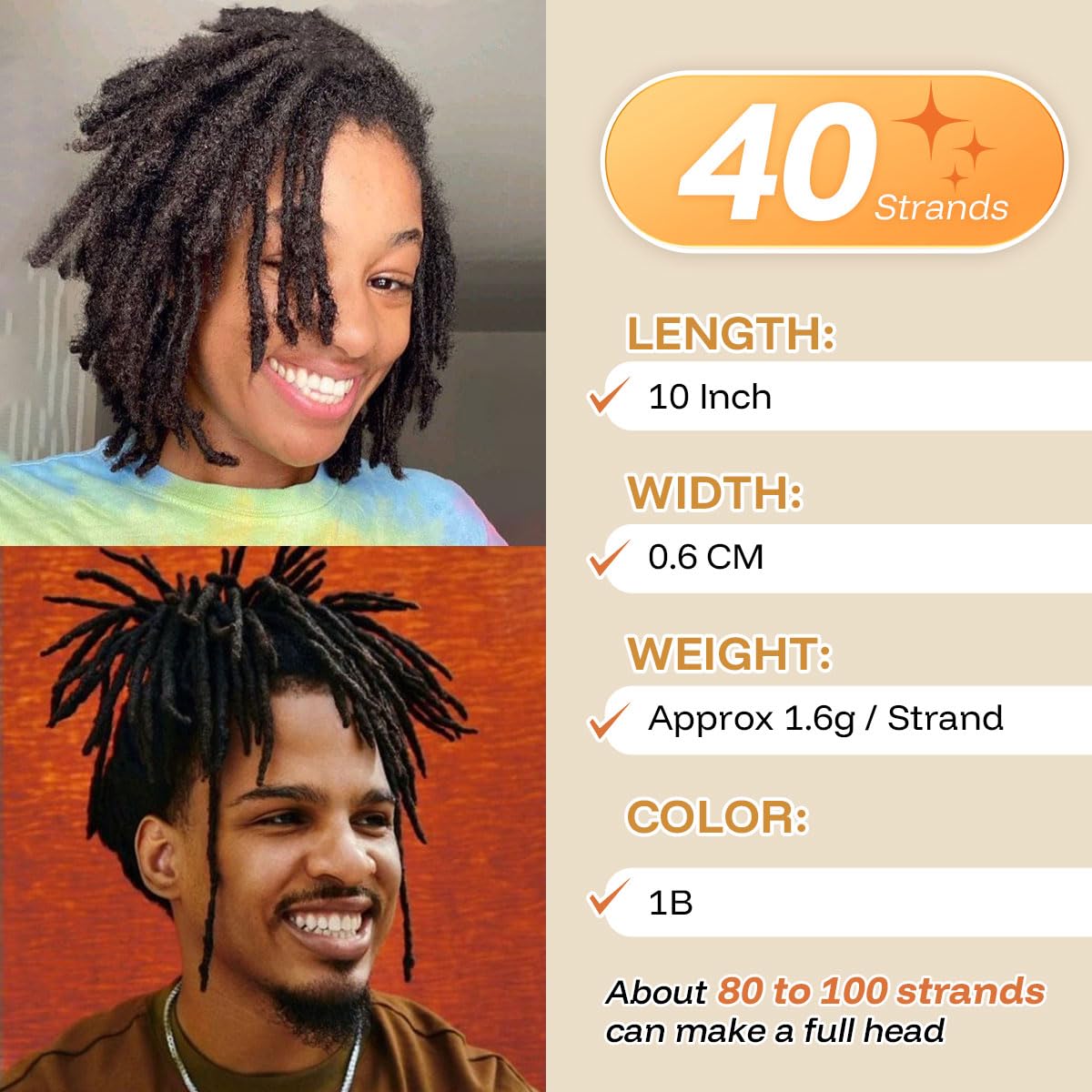 Sangtok 10 inch 40 Strands Loc Extensions Human Hair, 0.6cm Width Real Human Hair Dreadlocks Extensions for Man/Women Full Handmade Dreads Can be Dyed(1B)