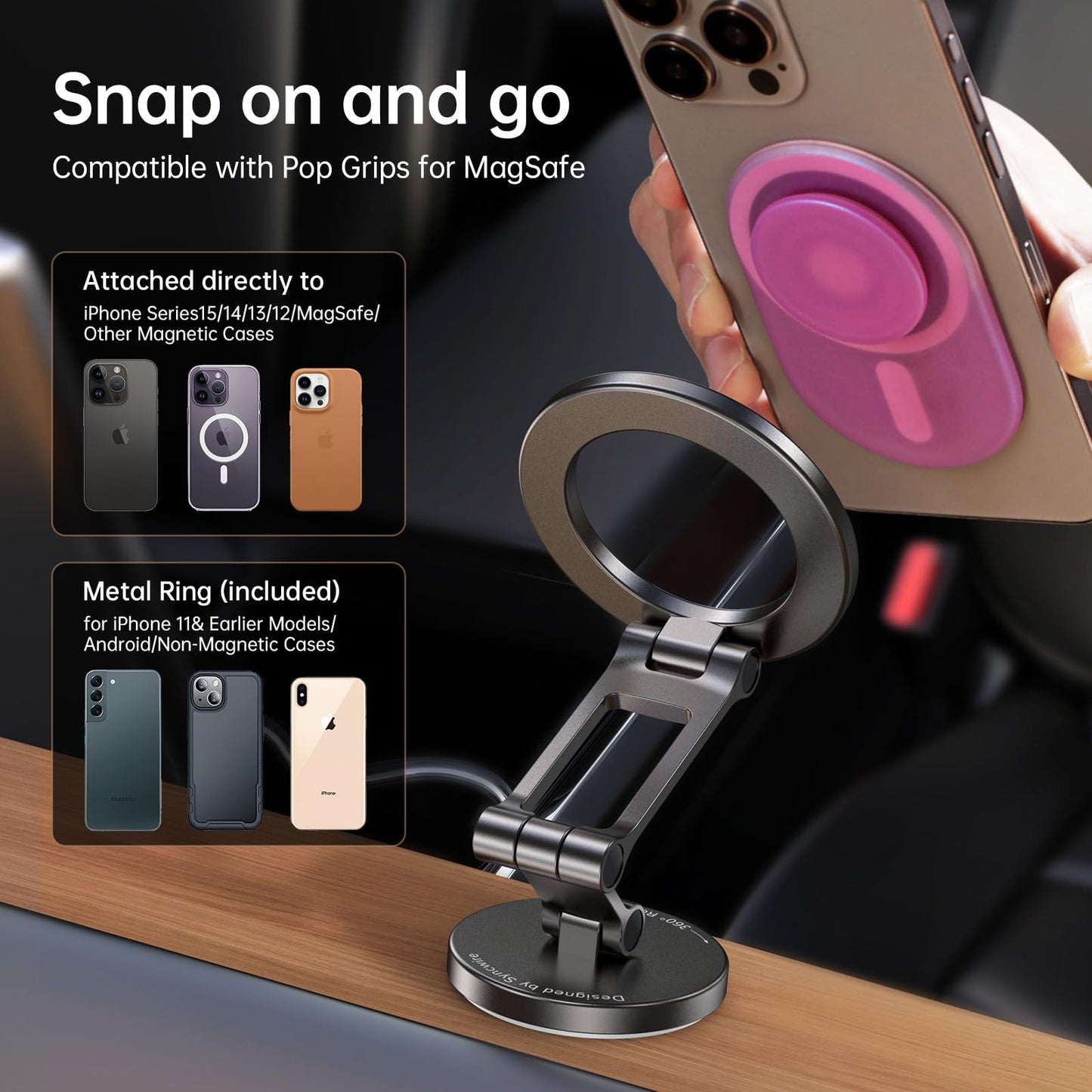 Syncwire Fits MagSafe Car Mount for Car Dash [All-Metal] Magnetic Phone Holder, [Flexible Three-axis] 360° Rotation Car Mount Strong Magnets Car Phone Holder for iPhone 17 16 15 14 13 Pro Max