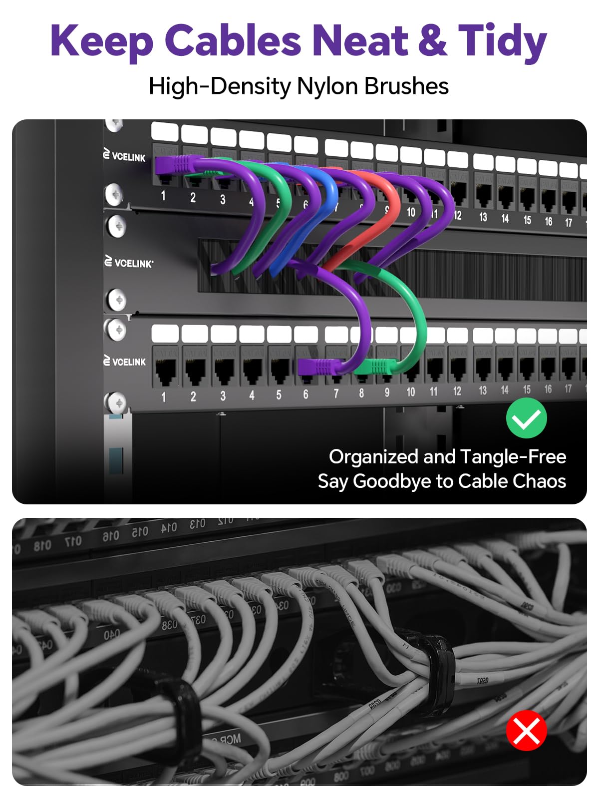 VCELINK 1U Brush Rackmount Panel Detachable for 19-inch Server Rack or Network Cabinet Cable Management, 2 Pack