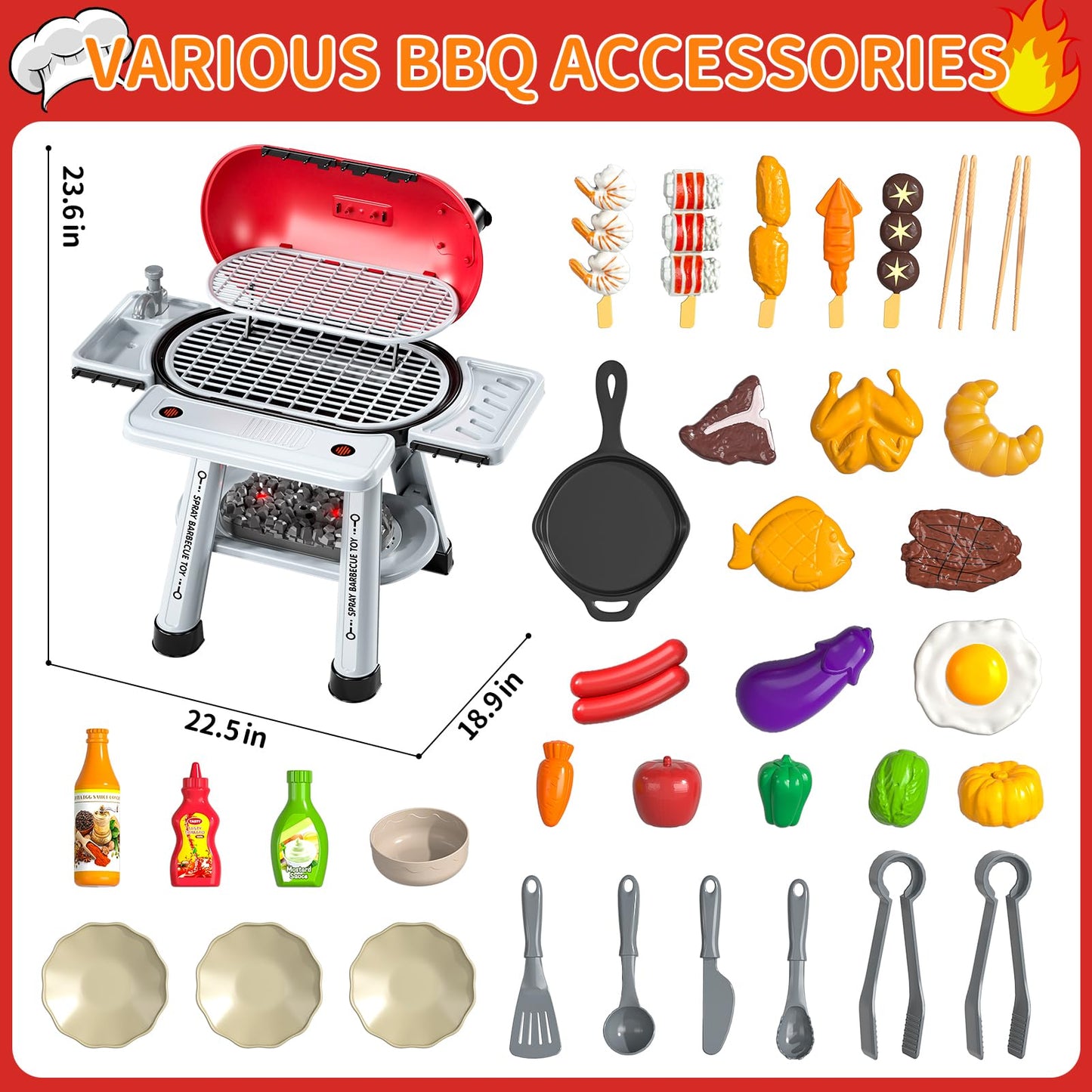 Blmukce Kids Grill Playset, 2-Layer BBQ Play Kitchen Set for Toddlers 3-5 with Smoke, Sound & Light Interactive Outdoor Kitchen Cooking Toy Grill Christmas Birthday Gift for 4 5 6 Years Old Boys Girls