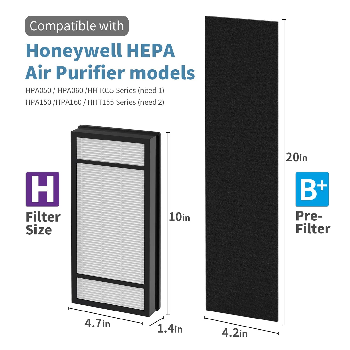4 True HEPA Replacement Filter H and 8 Carbon Pre-filter B, Compatible with Honeywell Filter H, HRF-H1C,HRF-H2C, HRF-B2C,Honeywell HPA050, HPA060, HPA150, HPA160, HHT055, HHT155 Series Air Purifiers