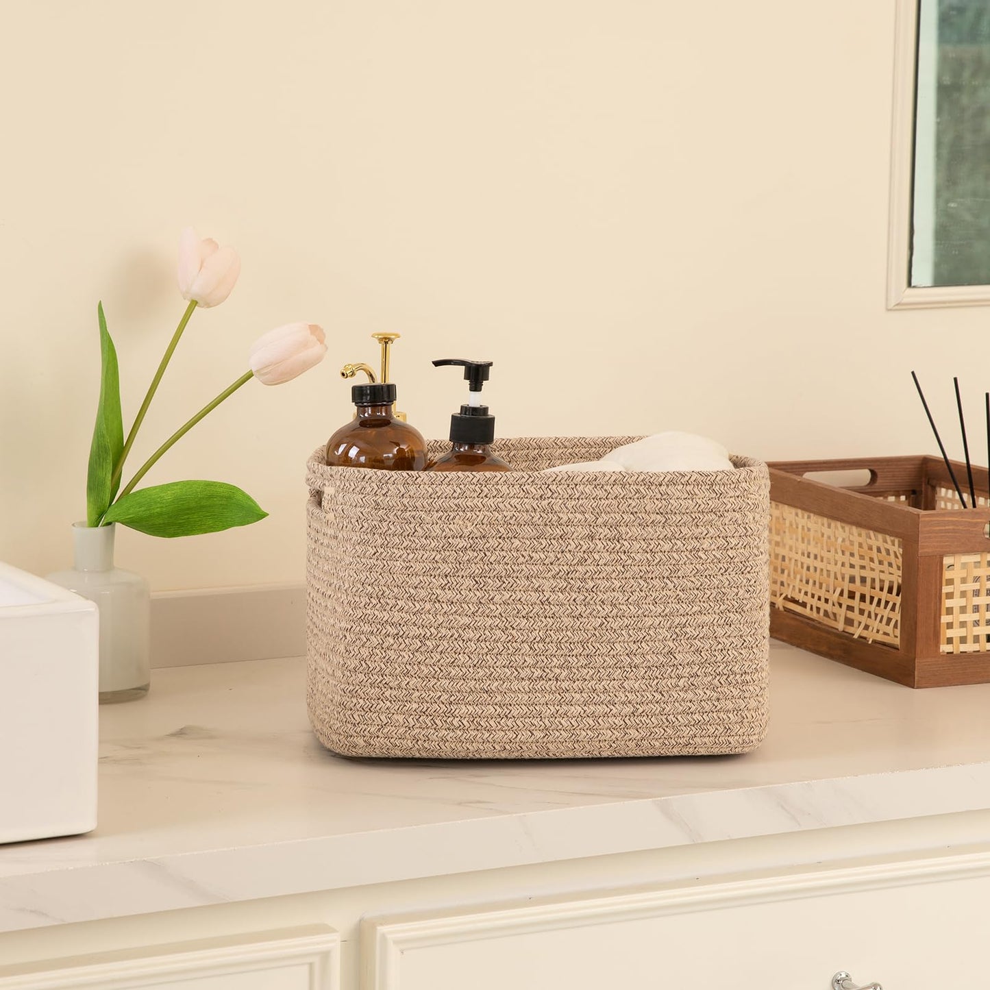 OIAHOMY 4 Pack Storage Baskets for Organizing, Rectangle Cube Storage Bins for Shelves, Woven Baskets With Handles, 12.7''Lx9''Wx7.8''H, Brown,