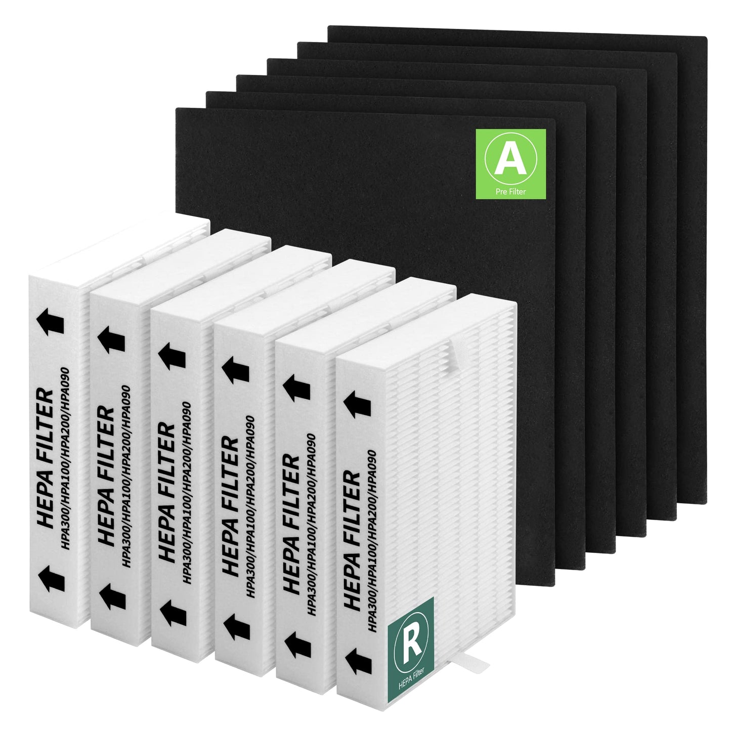 CPGSY HPA300 HEPA Filter Repalcement Set, Compatible with Purifier HPA300 HPA200 HPA100 HPA304 HPA5300 HPA8350 HPA300VP, 6 H13 HEPA R Filter + 6 Activated Carbon Pre-Cut A Pre-Filters, Value 6 Pack.
