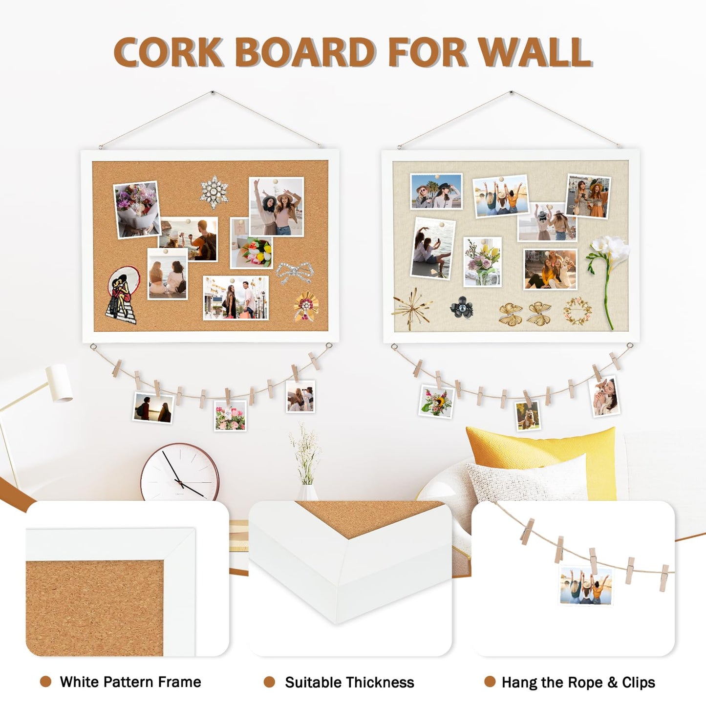 AMUSIGHT Double-Sided Large Cork Board with Linen, 24" x 18" Hanging Wood Framed Bulletin Board, Picture Display Vision Board Corkboards for Wall Room School Office Decor, 20 Pushpins,1pack