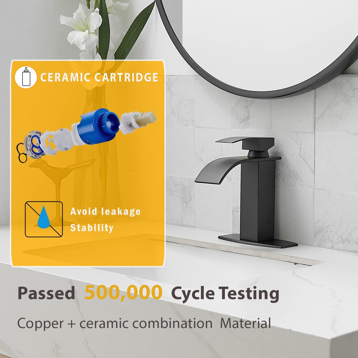 BESy Black Waterfall Spout Bathroom Faucet, Single Handle Bathroom Sink Faucet with Pop-up Drain, Rv Vanity Faucet with Deck Plate & Supply Hoses, Matte Black, 1 or 3 Hole