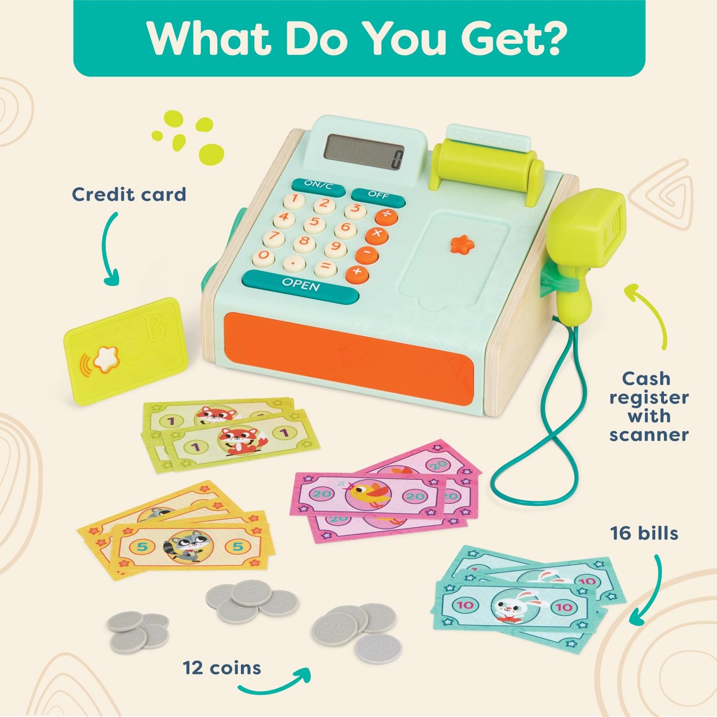 B. Toys – Cashier Playset – Pretend Play Cash Register – Play Money, Calculator, Scanner – Role – Play Cashier Set – Learning Toys for Kids – 3+ Years(30 Pieces)