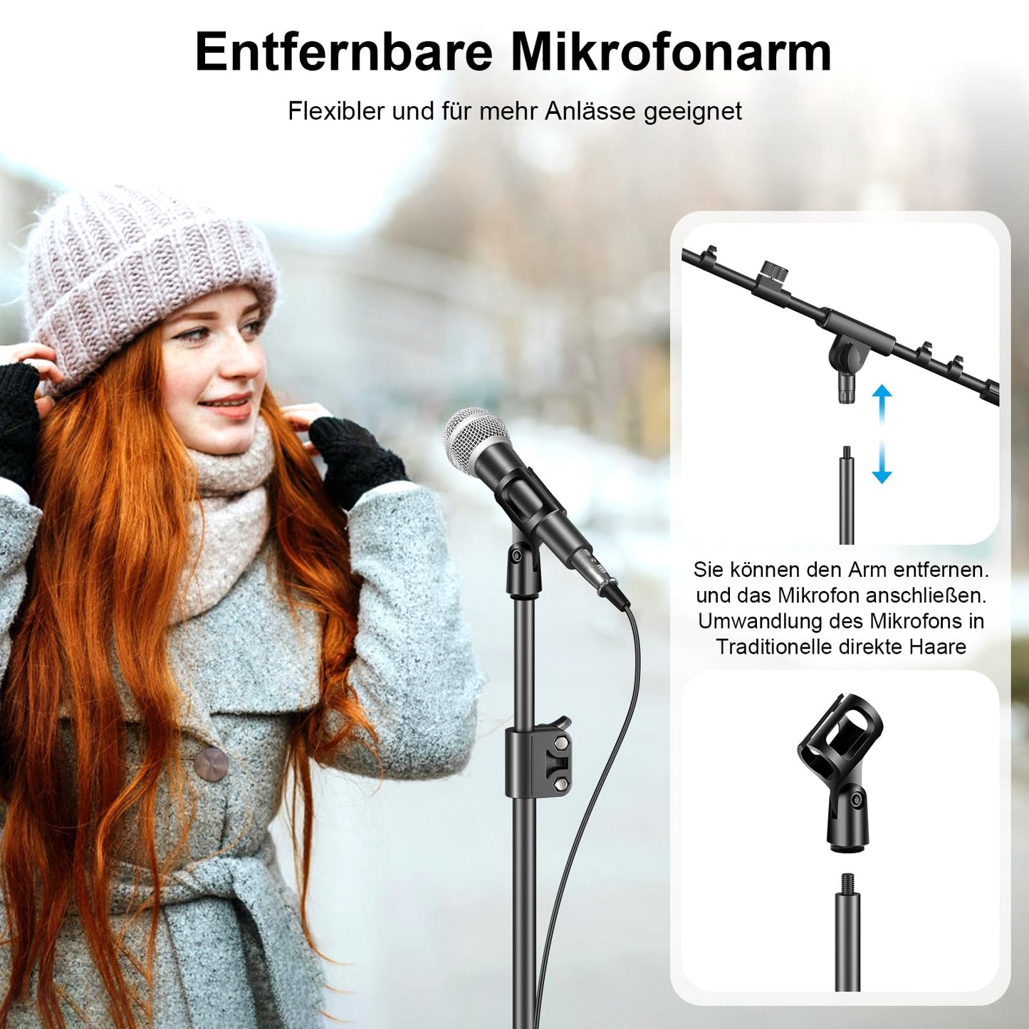 Microphone Stand, Tripod Boom Arm Floor Mic Stand Height Adjustable Heavy Duty with Carrying Bag 2 Mic Clips 3/8" to 5/8" Adapter for Singing Podcast for Blue Yeti Shure SM58 SM48 Samson Q2U