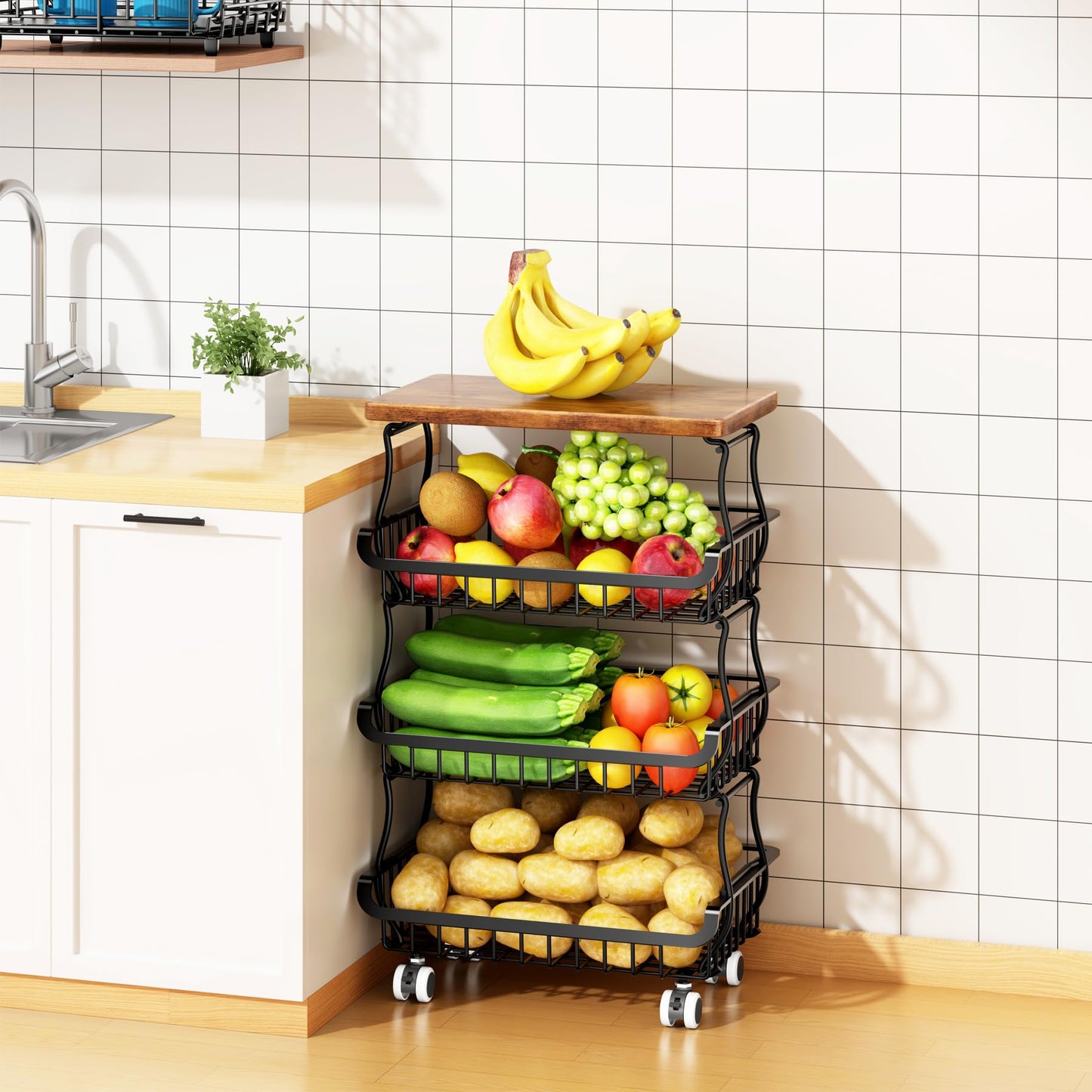 4 Tier Vegetable Fruit Basket for Kitchen, Stackable Metal Fruit and Vegetable Storage Baskets with Rolling Wheels Cart, Fruteros para Cocina Potato and Onion Bin Pantry Kitchen Island Cart Counter