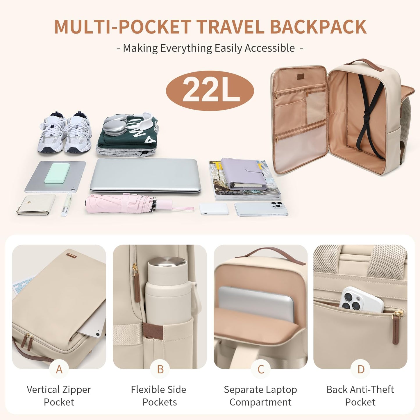 Stylish Laptop Backpack for Women Airline Approved Perfect for Work College and Travel Multi-Functional Casual Daypack Fits 17.3 Inch Notebook (Apricot)