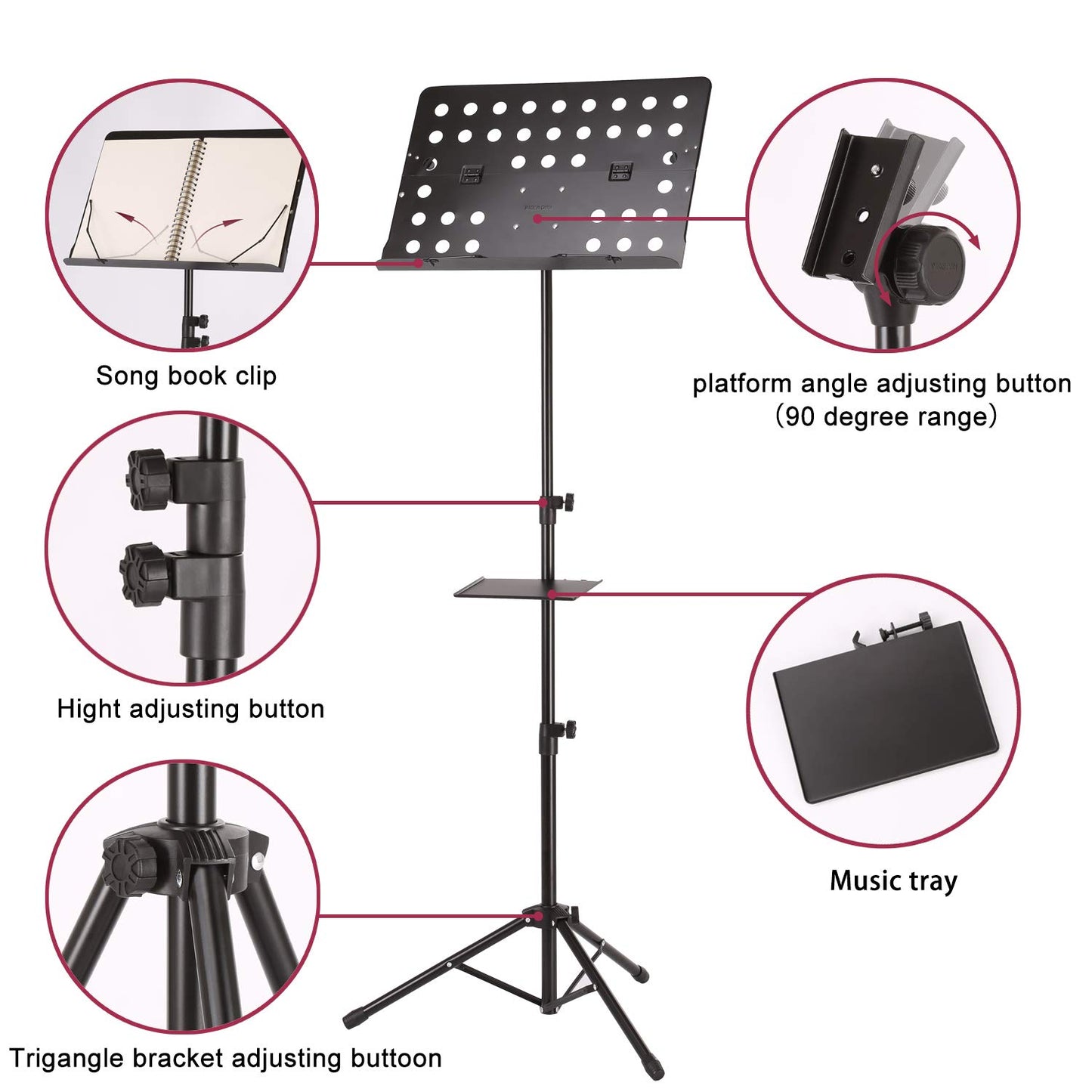 IMAGE 21.6-63 inch Sheet Music Stand Adjustable and Foldable Travel Metal Music Stand with Music Tray, Carrying Bag, and Music Sheet Clip Holder for Instrumental Performance