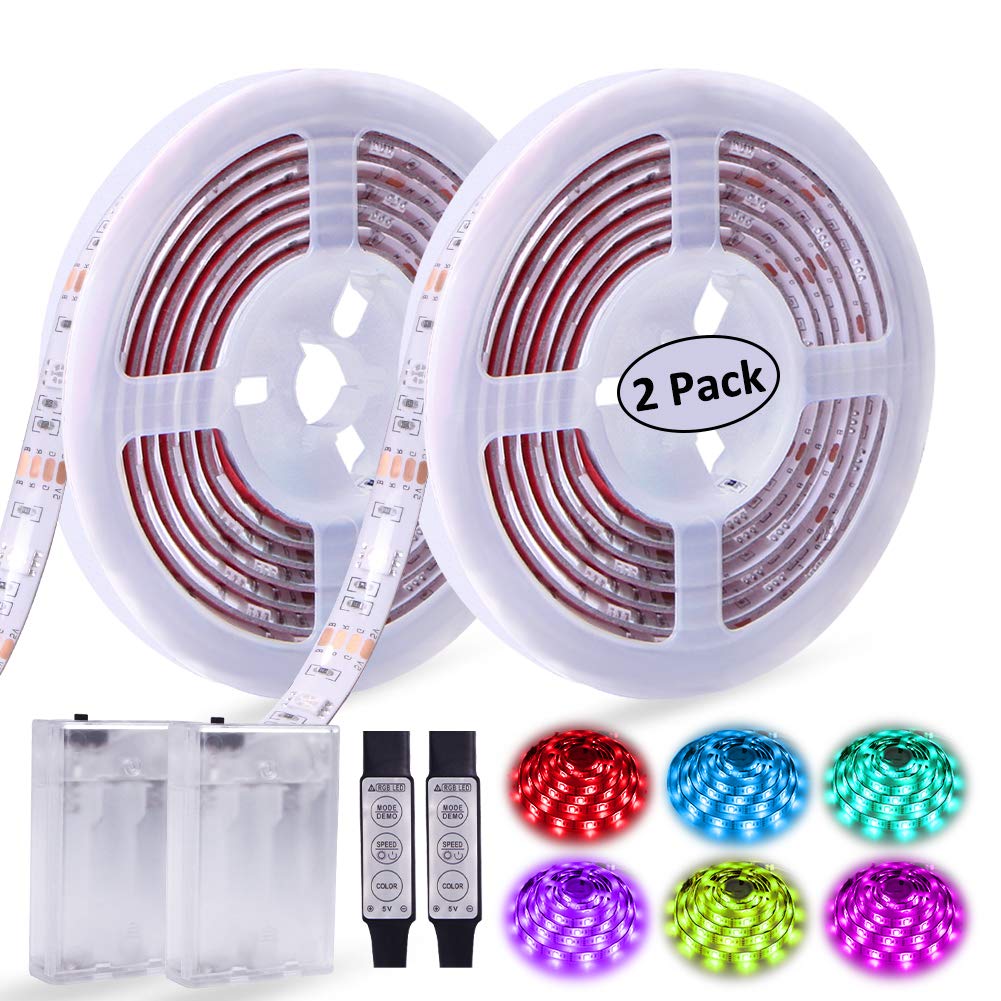 LED Strip Lights Battery Operated RGB LED Lights Strip Battery Powered Led Battery Lights 3 Keys Controller Battery Led Strip Lights 13.2FT/4M Color Changing Flexible LED Lights 2Pcs
