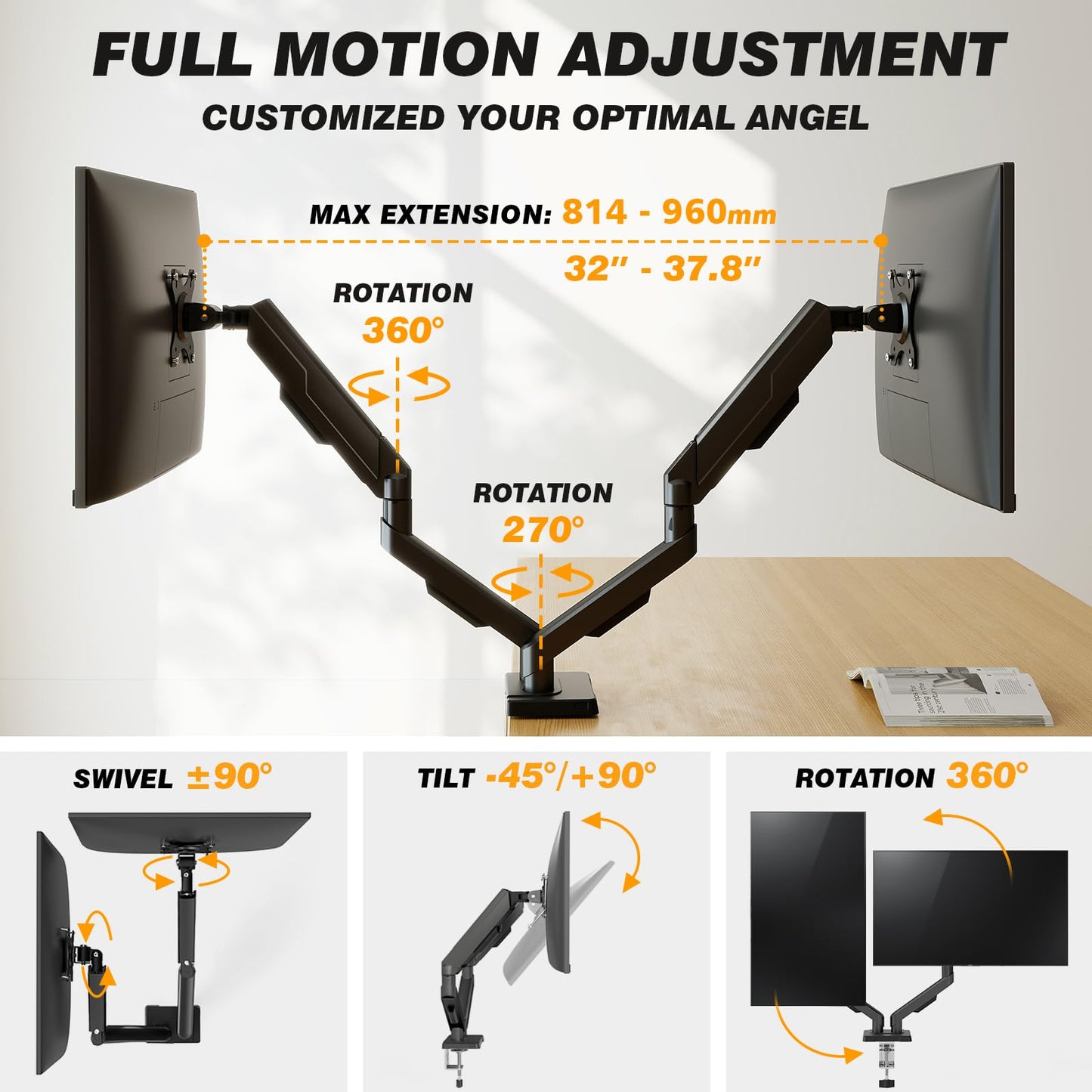 Dual Monitor Stand - Adjustable Dual Arm Mount for 17-35 Inch Screens, Ergonomic VESA Mount with C Clamp/Grommet Base, Each Arm Holds up to 22lbs, Black