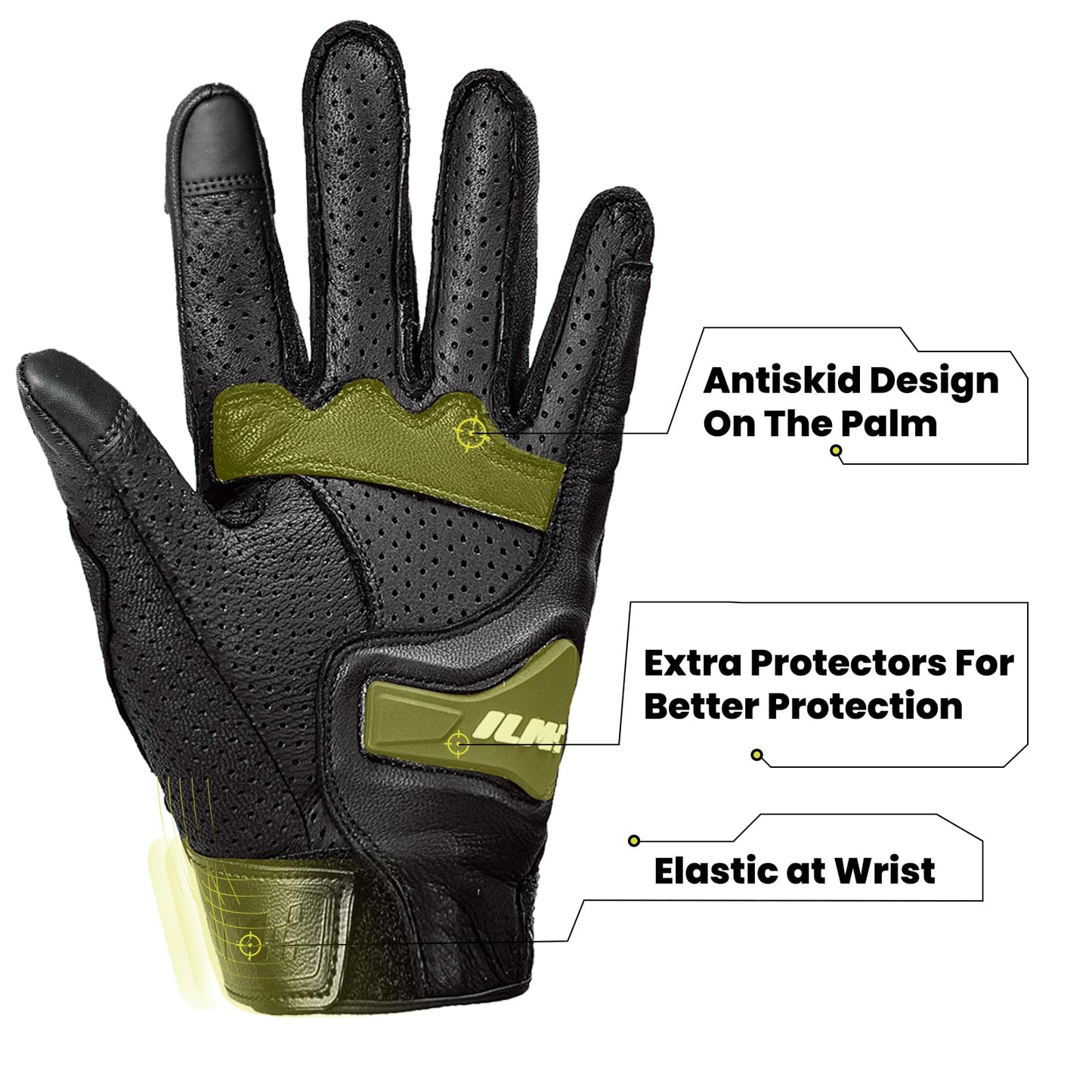 ILM Goatskin Leather Motorcycle Motorbike Powersports Racing Gloves Touchscreen for Men and Women Black (XXL, Black Perforated)