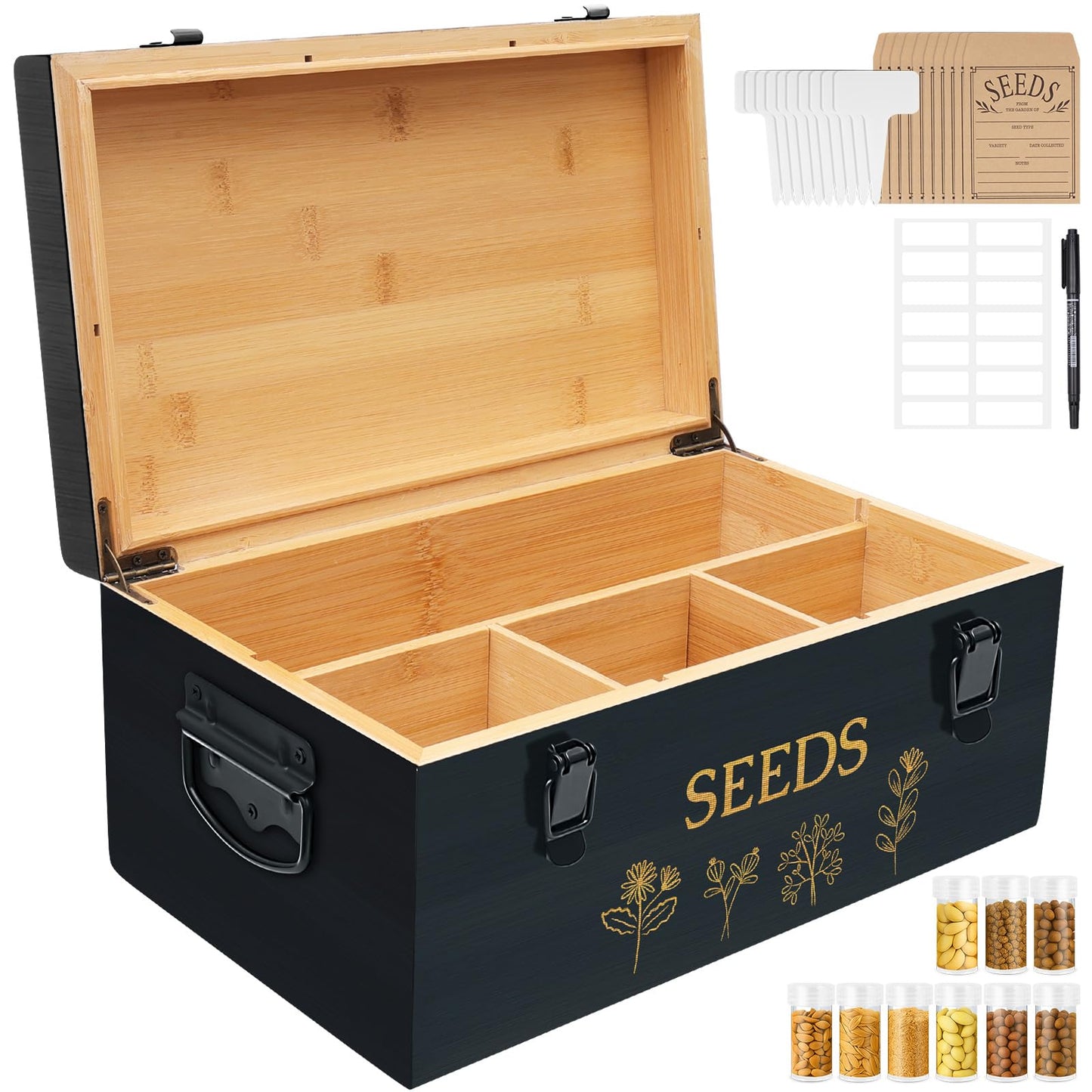 Large Bamboo Wood Seed Storage Organizer with Lid, Double-Layer Seal Design Seed Saving Box with Premium Coated Safety Lock, Handles, Extra Seed Envelopes and Labels, Great Gifts for Gardener