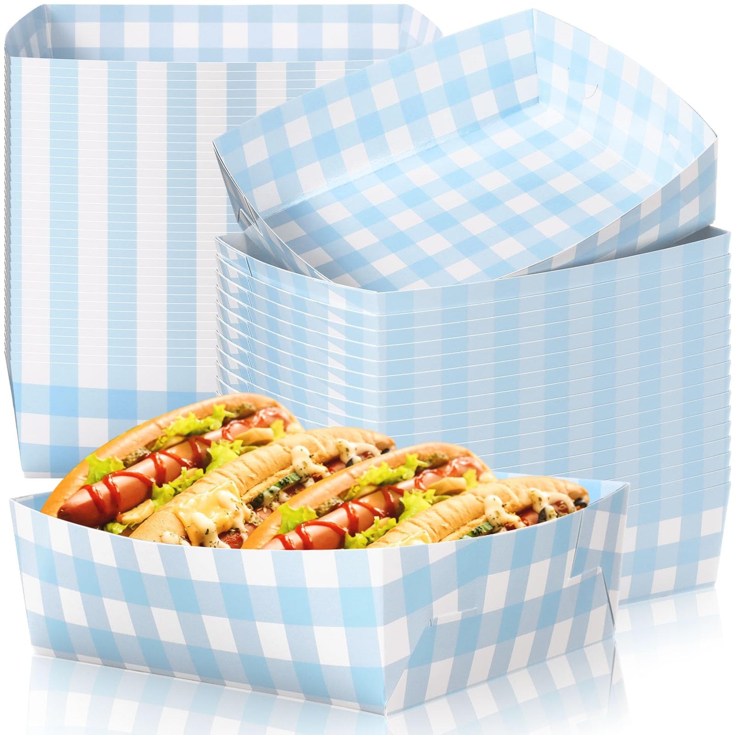 Suclain 36 Pack Light Blue and White Gingham Paper Trays 5 lb Grease Resistant Large Snack Serving Trays Disposable Food Boats for Christmas Wedding Party Baby Shower Supplies