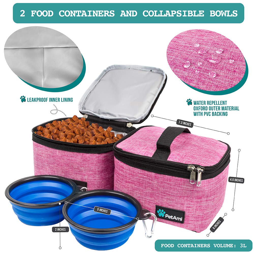PetAmi Dog Travel Bag | Airline Approved Tote Organizer with Multi-Function Pockets, Food Container Bag and Collapsible Bowl | Perfect Weekend Pet Travel Set for Dog, Cat (Pink, Small)