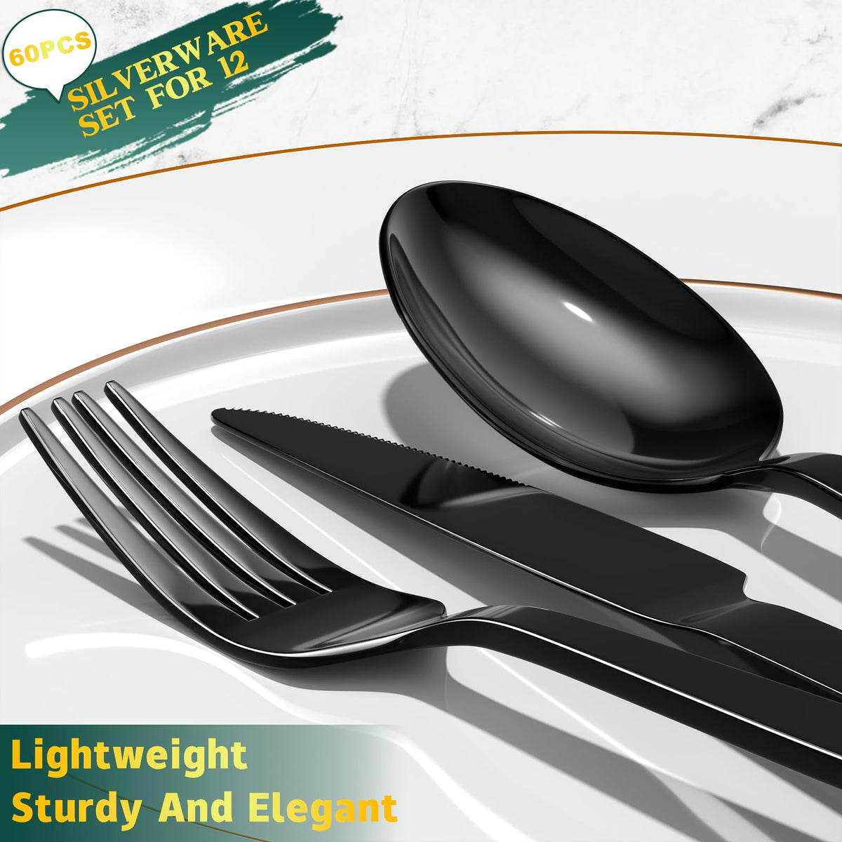 Yoehka 60 Pieces Black Silverware Set,Premium Stainless Steel Flatware Set for 12, Mirror Polished Tableware Cutlery Set for Home and Restaurant, Include Knife/Spoon and Fork, Dishwasher Safe