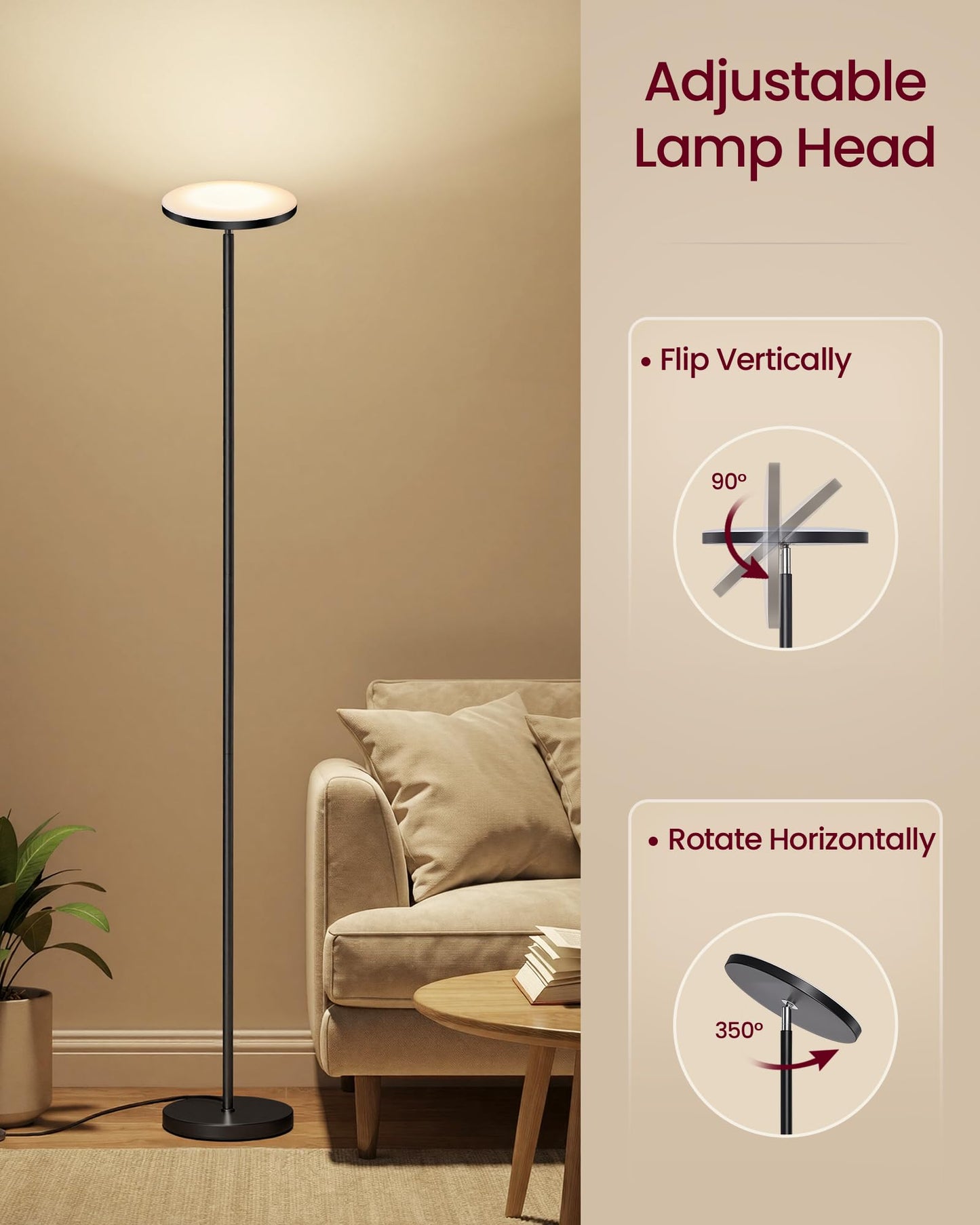 VASAGLE LED Floor Lamp, 30W Standing Lamp with Rotatable Head for Bedroom, Office, Timer and Memory Function, Remote Control, Matte Black ULFL018BD01
