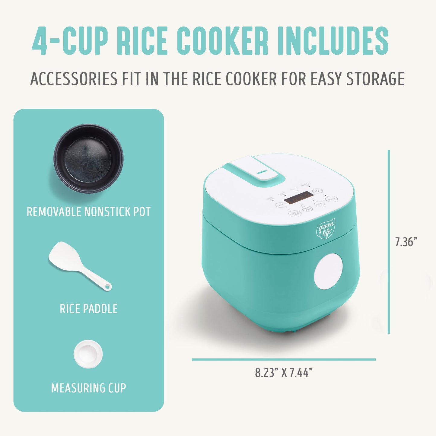 GreenLife 4-Cup Digital Rice Cooker, PFAS & PFOA-Free Removable Ceramic Dishwasher Safe Pot, Healthy Cooking Oats Grains & More, Auto Presets, Touch-screen, Delay & Keep Warm, Paddle Included, Turquoise