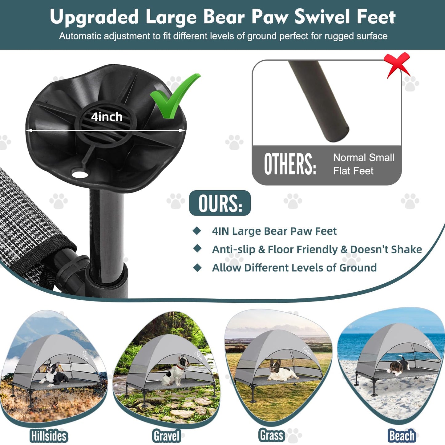 Upgraded Elevated Dog Bed with Canopy, Portable Raised Outdoor Dog Bed with Stable Anti-Slip Feet, Wider Shade Pet Bed Cot, Raised Dog Beds for Large Dogs Camping (Black & Grey, Large)
