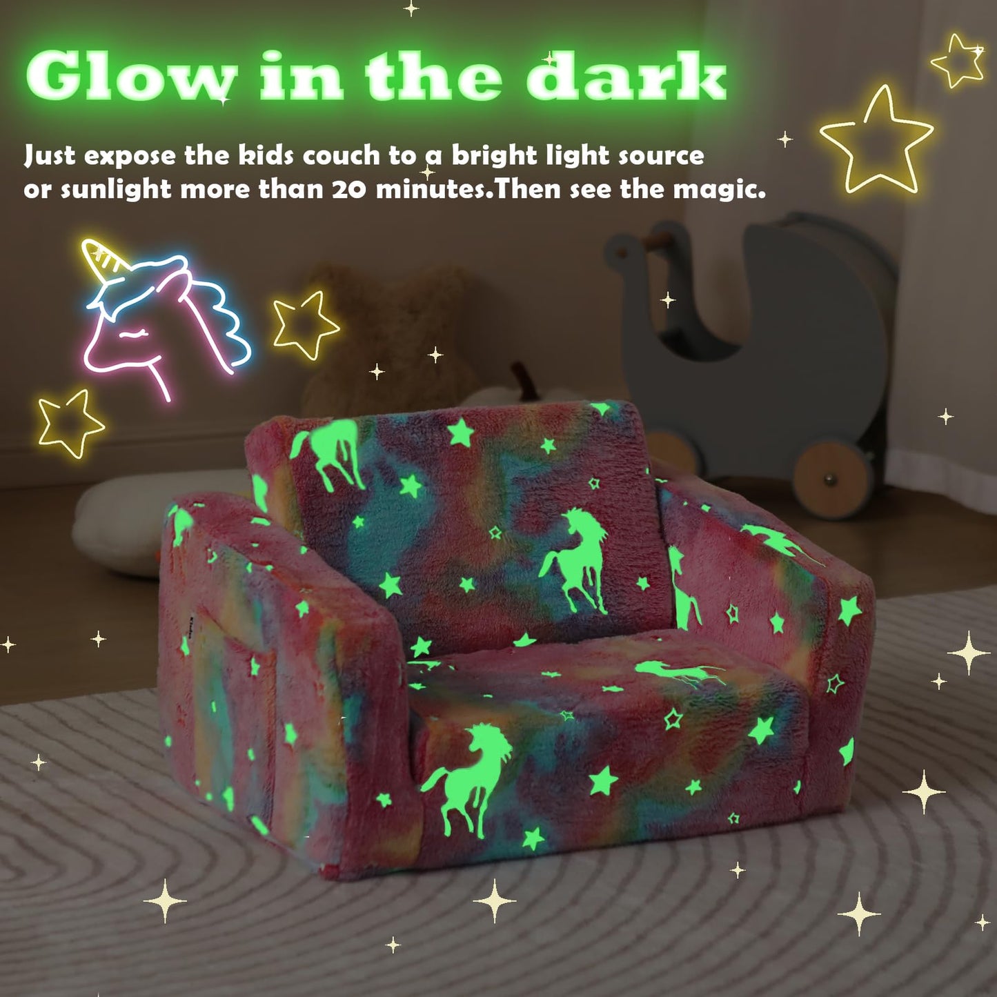Kisdsa Toddler Couch Fold Out, Foldable Toddler Chair with Blanket, Flip Out Kids Couch,Glow in the Dark Convertible Sofa Gift for Girls & Boys (Glow Pink)