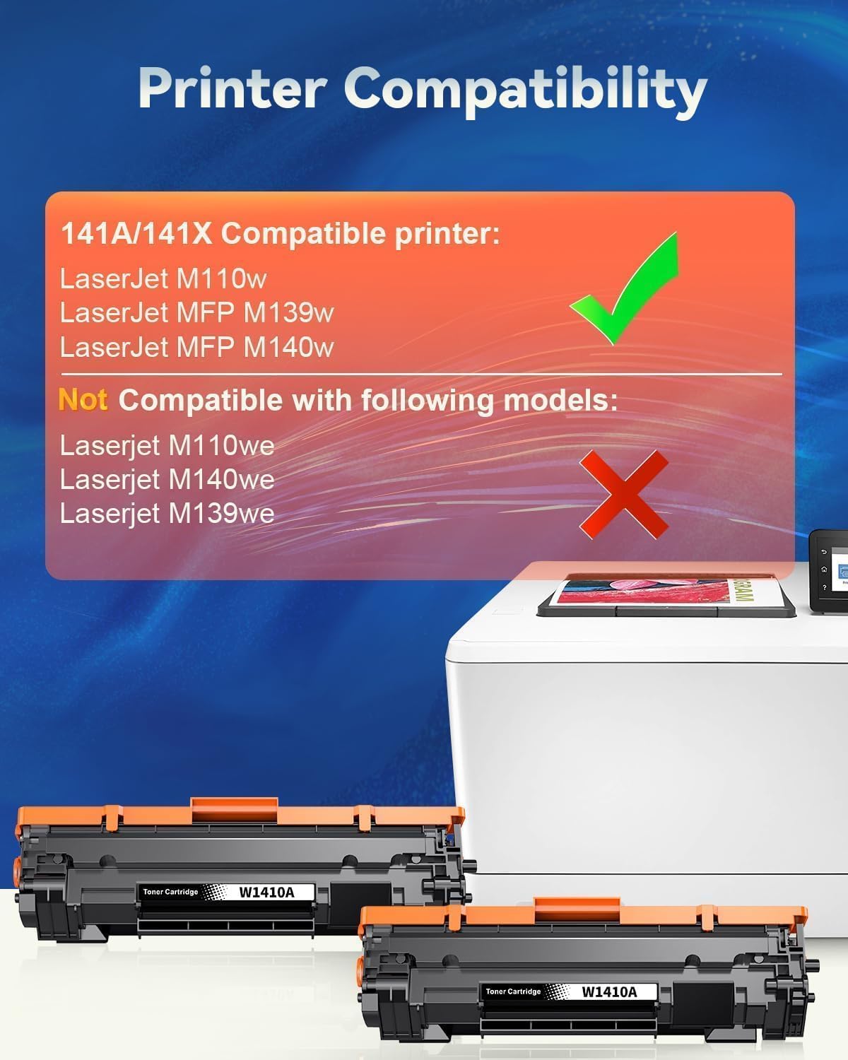 (2 Black with Chip) 141A Toner Cartridge M110w Toner Replacement for HP 141A 141X Black Laserjet Toner Cateridge W1410A for Laserjet M110w MFP M139w M140w Printer Toner