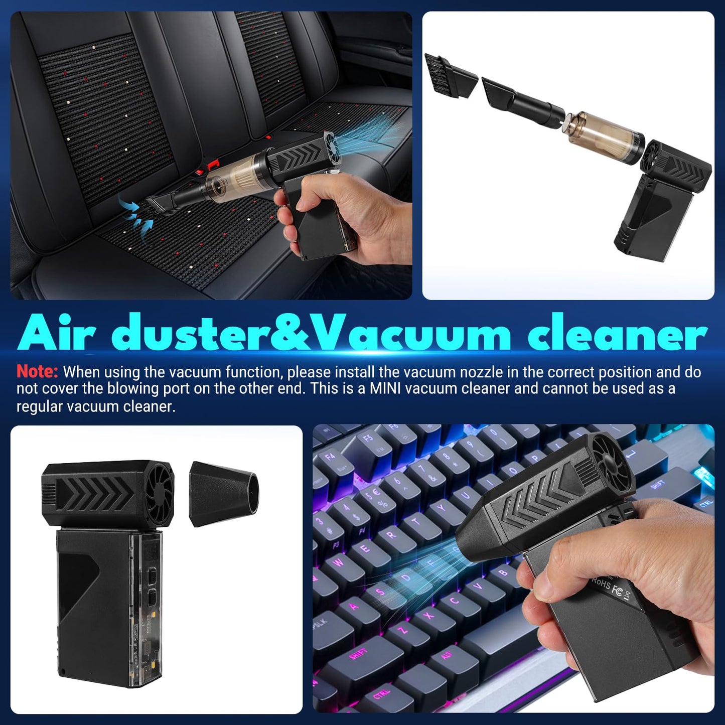 Newdehanm Violent Turbo Fan，Mini Electric Compressed Air Duster & Vacuum Cleaner,130000RPM Portable Rechargeable Cordless Handheld Air Blower with LED Light for PC, Outdoor, House, Car,8000aMh