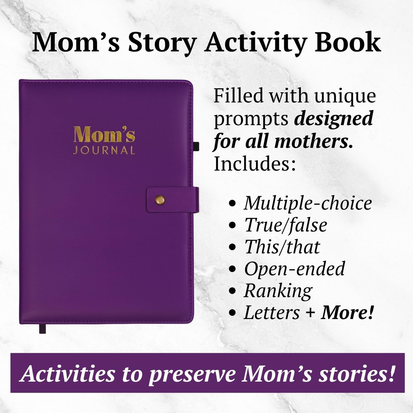 Jamsify Studios 4-in-1 Mom’s Story Activity Journal (Hardcover) – 500+ Prompt Vegan Leather Activity Book with Prompts, Stories, and Games – Family Keepsake for a Mother’s Life Memories – B5 Size, 200+ Pages – Life Story Memory Book with Guided Questions