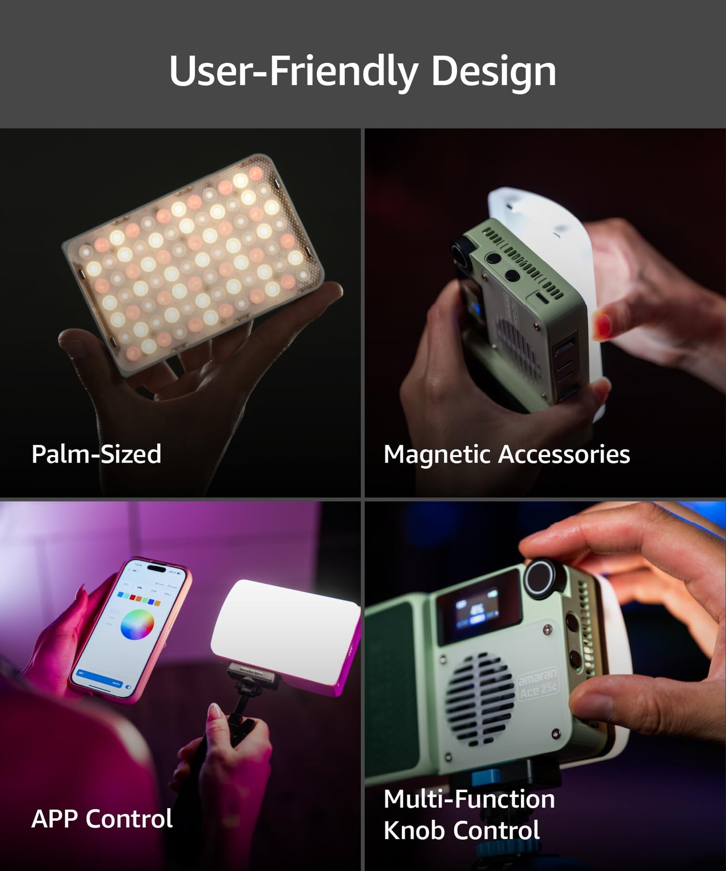 amaran Ace 25c Video Light,25w RGB Portable Light for Photography On-Camera Video Lights CRI/TLCI 95+,CCT 2,300K-10,000K,Rechargeable Dimmable Vlog Light,APP Control,PD Charging (White)