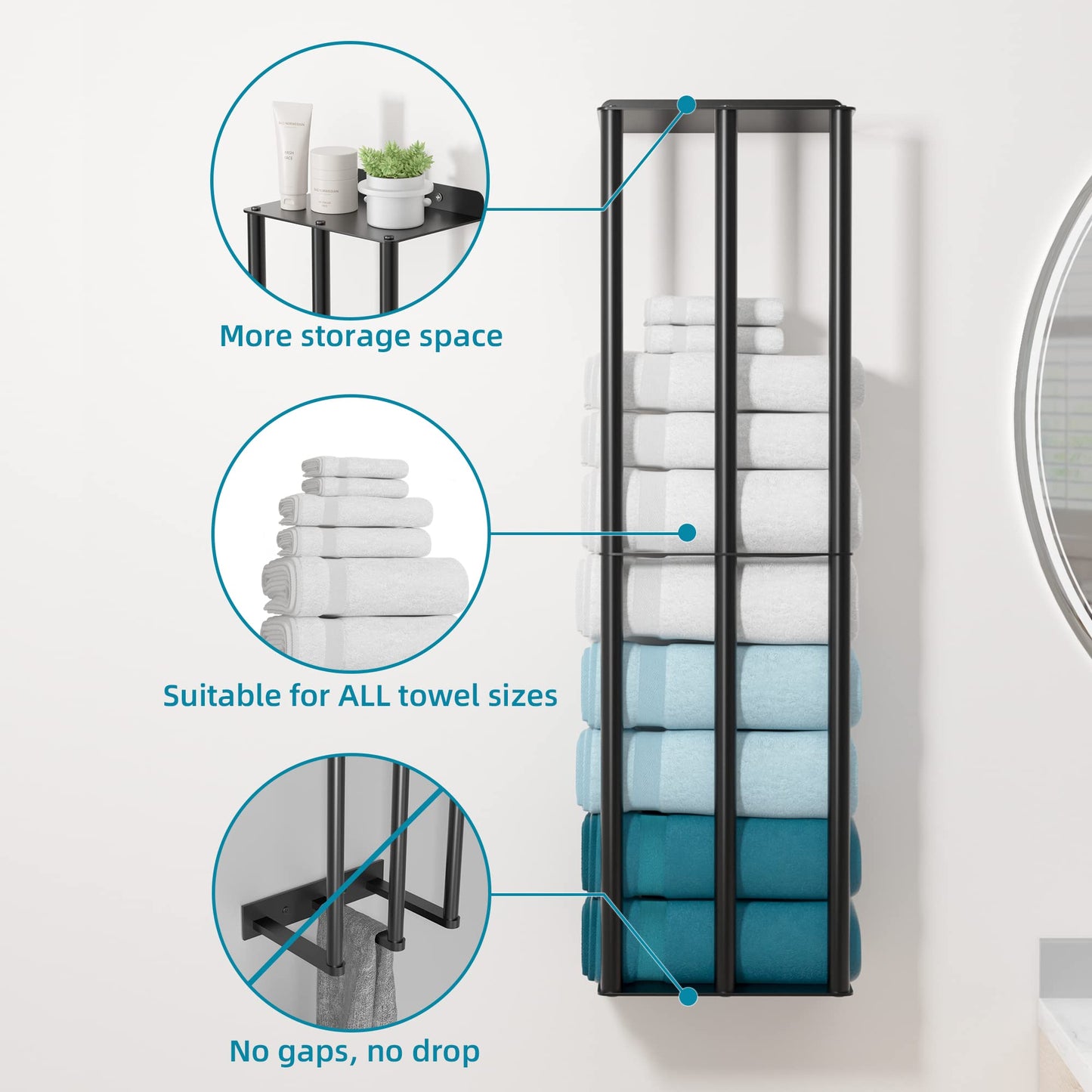 Susswiff 78cm Wall Mounted Towel Racks, Sturdy 2 Metal Towel Shelves and 3 Vertical Bars, Can Holds 6 Large Rolled Towels - Rolled Towel Holder(Matte Black)