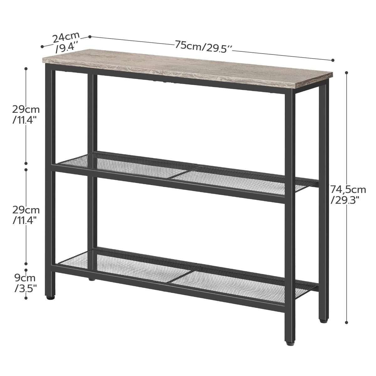 HOOBRO 75 cm Narrow Console Table, 3-Tier Entryway Table, Thin Sofa Table with Shelves, Side Table, Display Table, for Hallway, Entrance, Living Room, Bedroom, Greige and Black BG73XG01