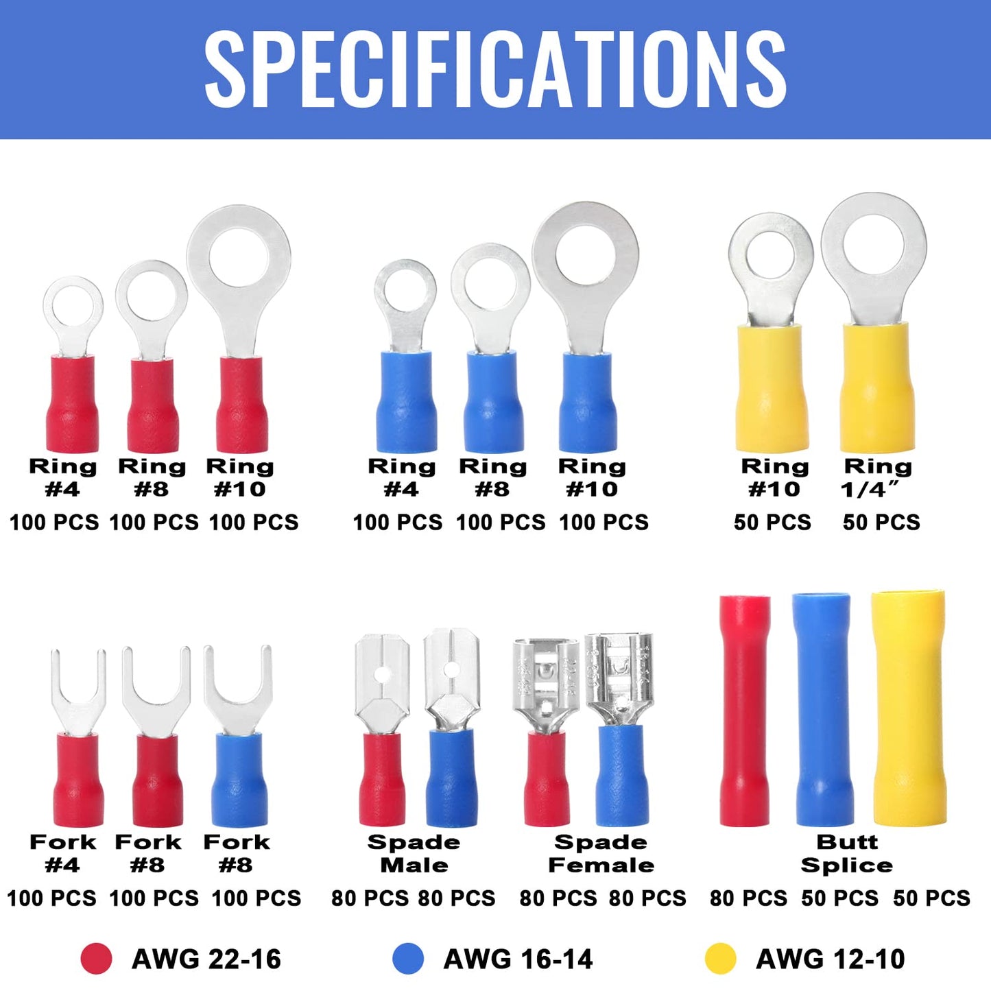 Qibaok 1500pcs Wire Connectors Insulated Electrical Wire Terminals Wire Crimp Connector Ring Fork Spade Butt Connector Kit