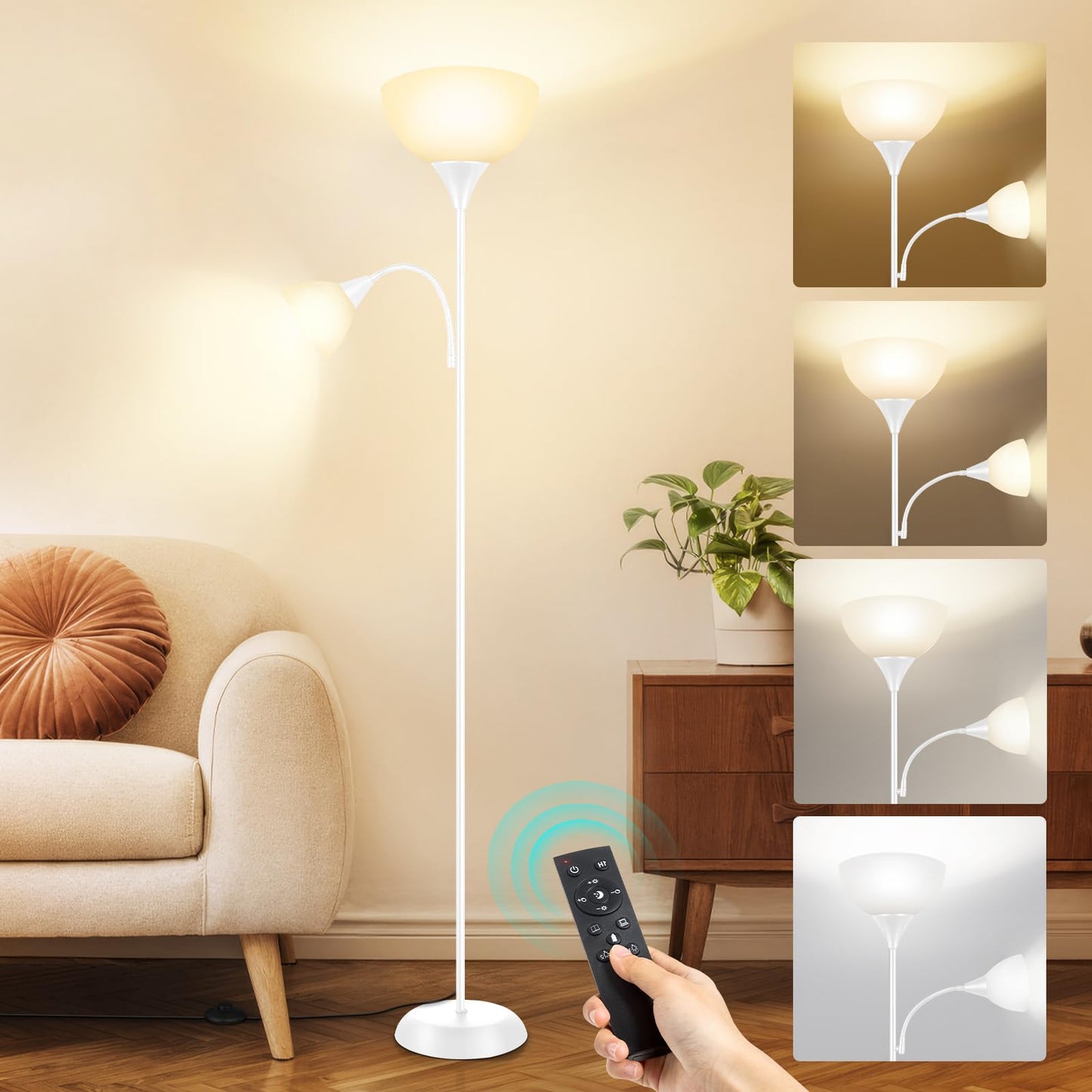 OUTON LED Floor Lamp, 70" Tall Torchiere Floor Lamp + Adjustable Reading Light, Modern Dimmable Standing Lamp with Remote Control, Corner Lamp for Living Room Bedroom Office, White