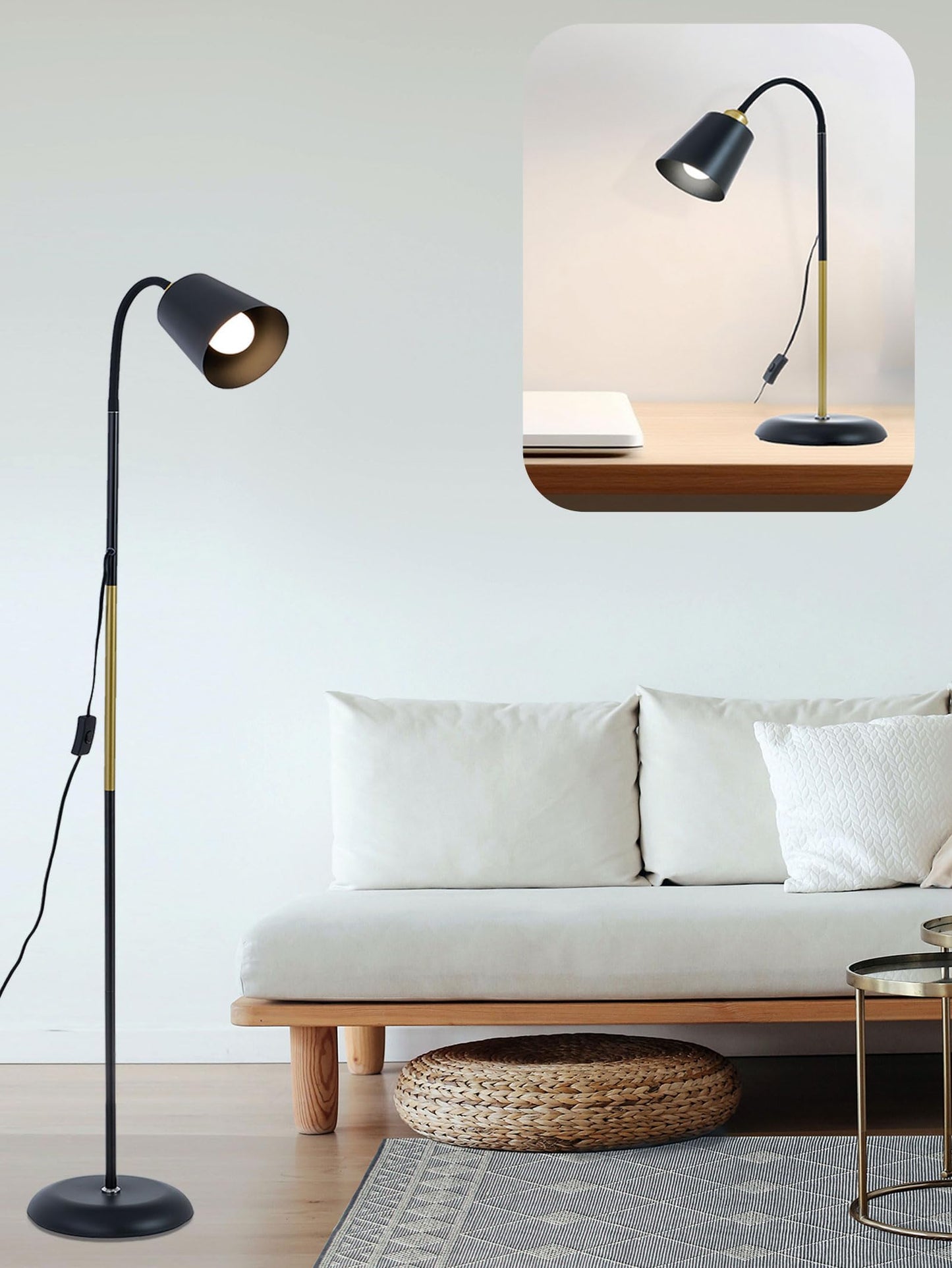 Floor Reading Lamp, Industrial Metal Standing Lamps with Adjustable Bendable 2 in 1 Table Lamps for Living Room Bedroom Office, 12W Bulb Included (Black)