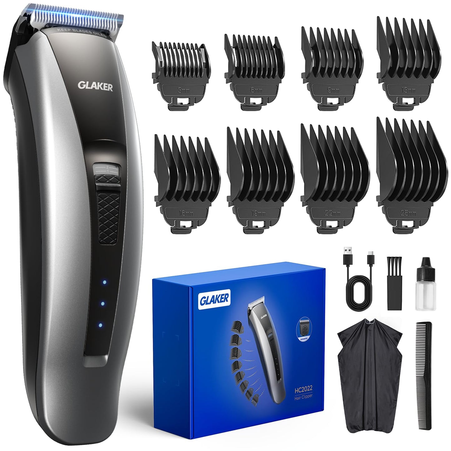 Cordless Hair Clippers for Men, GLAKER Professional Hair Clippers Ceramic Blade, Clippers for Hair Cutting Beard Trimmer Household Grooming Kit Barbers, USB C Rechargeable