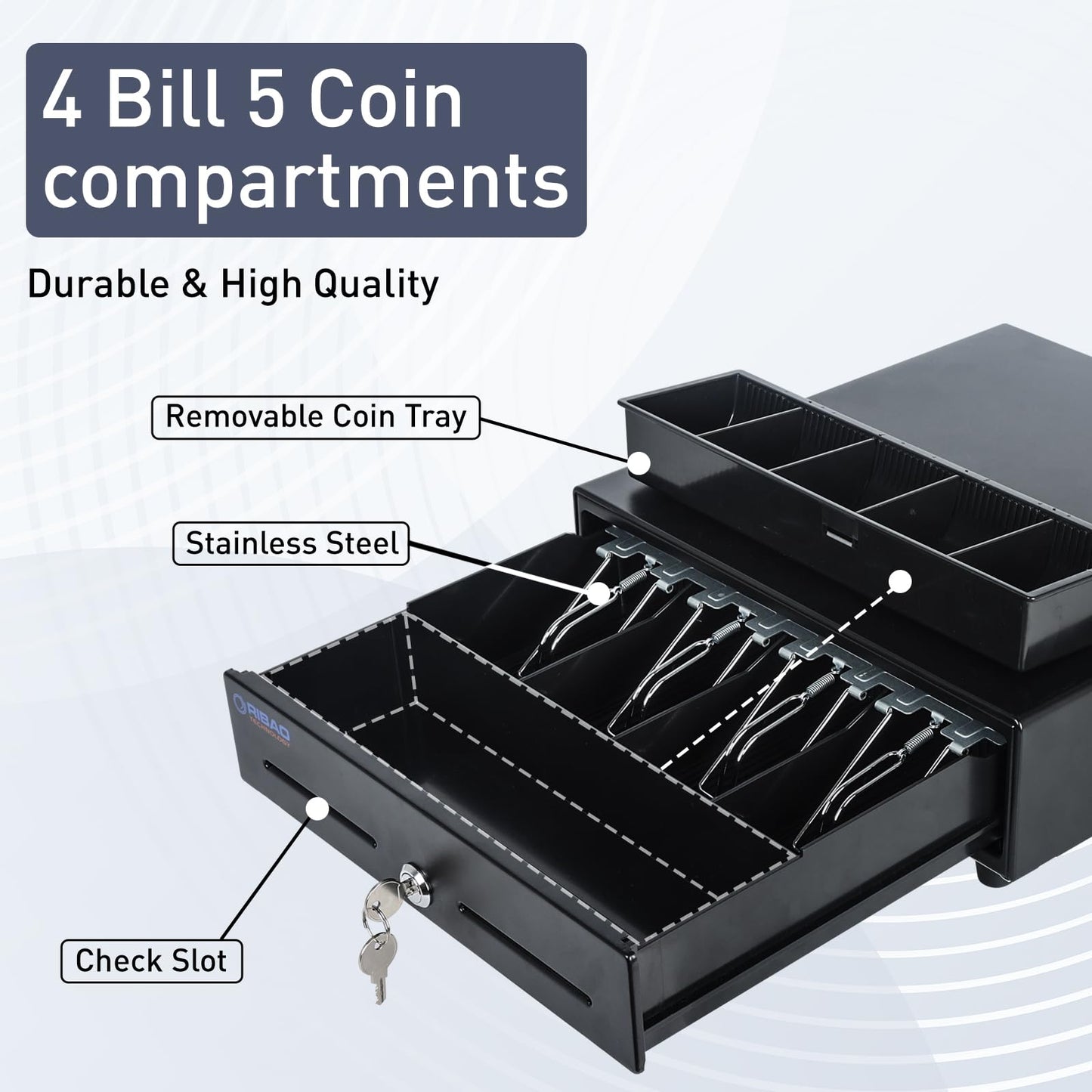 RIBAO 13'' Cash Registers Cash Drawer for Point of Sale(POS) System, 4 Bill 5 Coin with Adjustable Coin Slots, 24V, RJ11/RJ12 Interface 4 Key-Lock