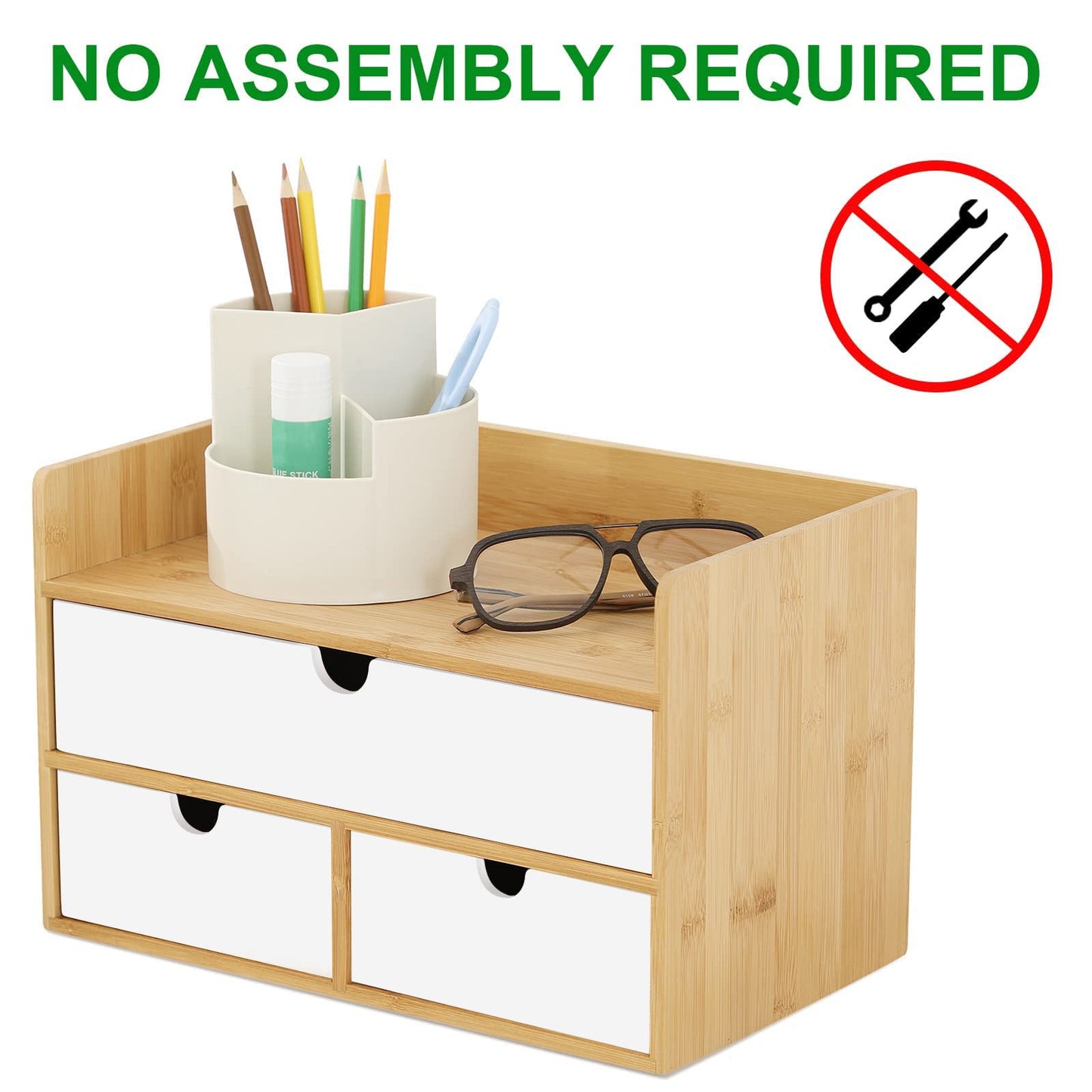 Wisuce Desk Organizer with Drawers - Bamboo Desktop Organizer Storage | Natural-White Wood Desk Drawers Organizer for Bills, Office Supplies, Cosmetics, Seals No Assembly Required