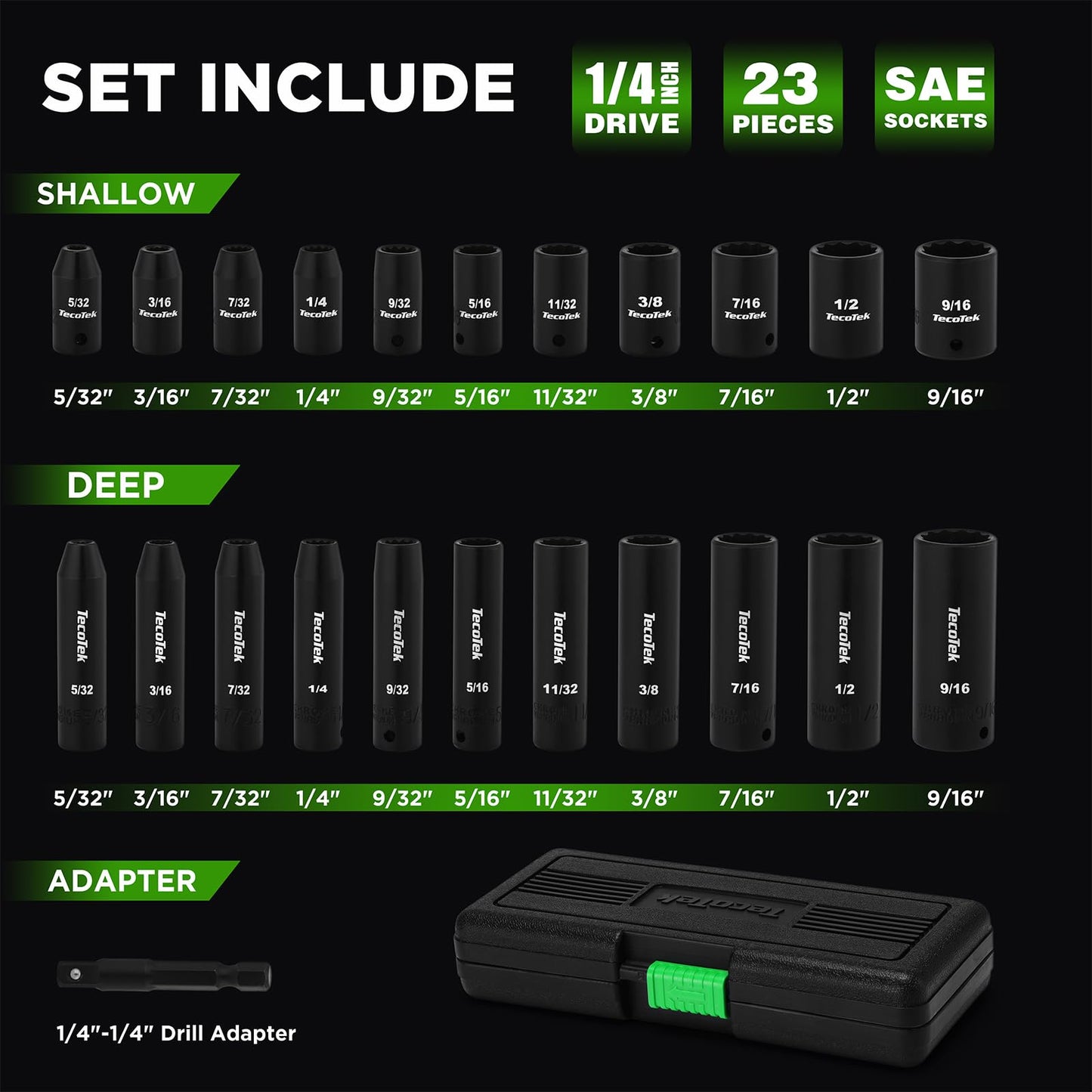 TecoTek 23 Pieces 1/4-Inch Drive Shallow and Deep 12-Point Impact Socket Set, CR-V, 5/32 to 9/16 in, SAE, 1/4"-1/4" Drill Adapter