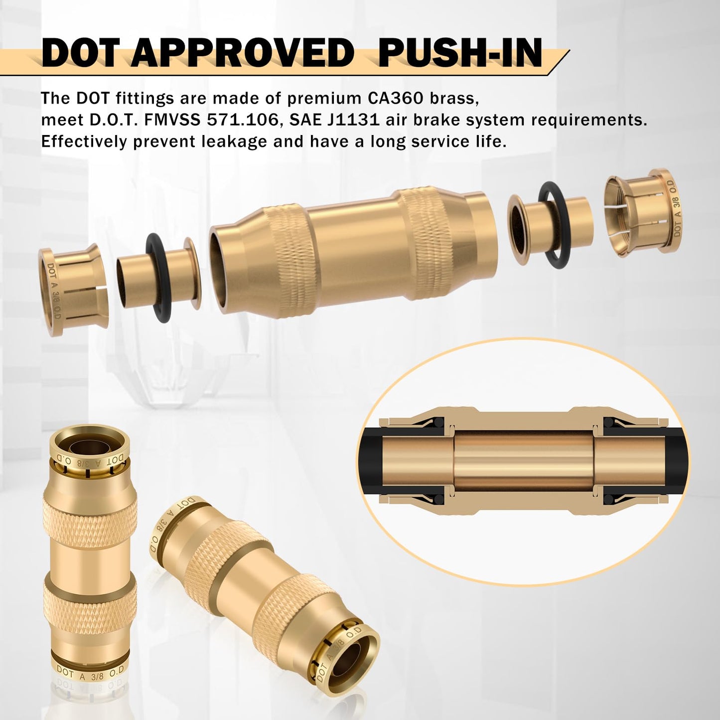 CheeMuii 23 PCS Brass DOT Air Line Fittings Kit 1/4 3/8 1/2 DOT Quick Connect Air Fittings Straight Union Push to Connect Air Hose Fittings for Semi Truck Trailers Air Brake System