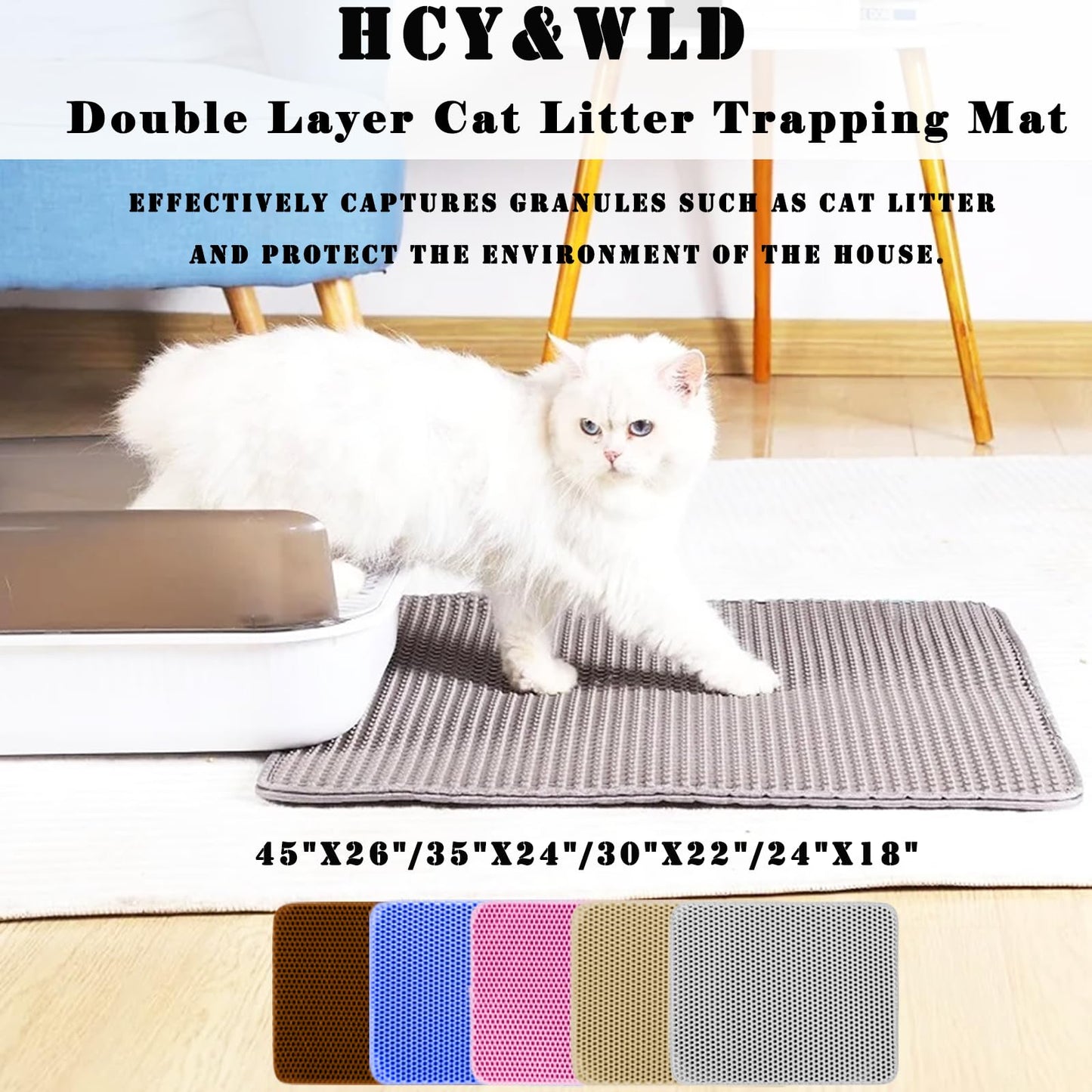 HCY&WLD Cat Litter Mat, Honeycomb Double Layer Cat Litter Trapping Mat, Waterproof Urine Proof Non-Slip, Scatter Control, Less Waste, Easier to Clean (Light Gray, 45" X 26")