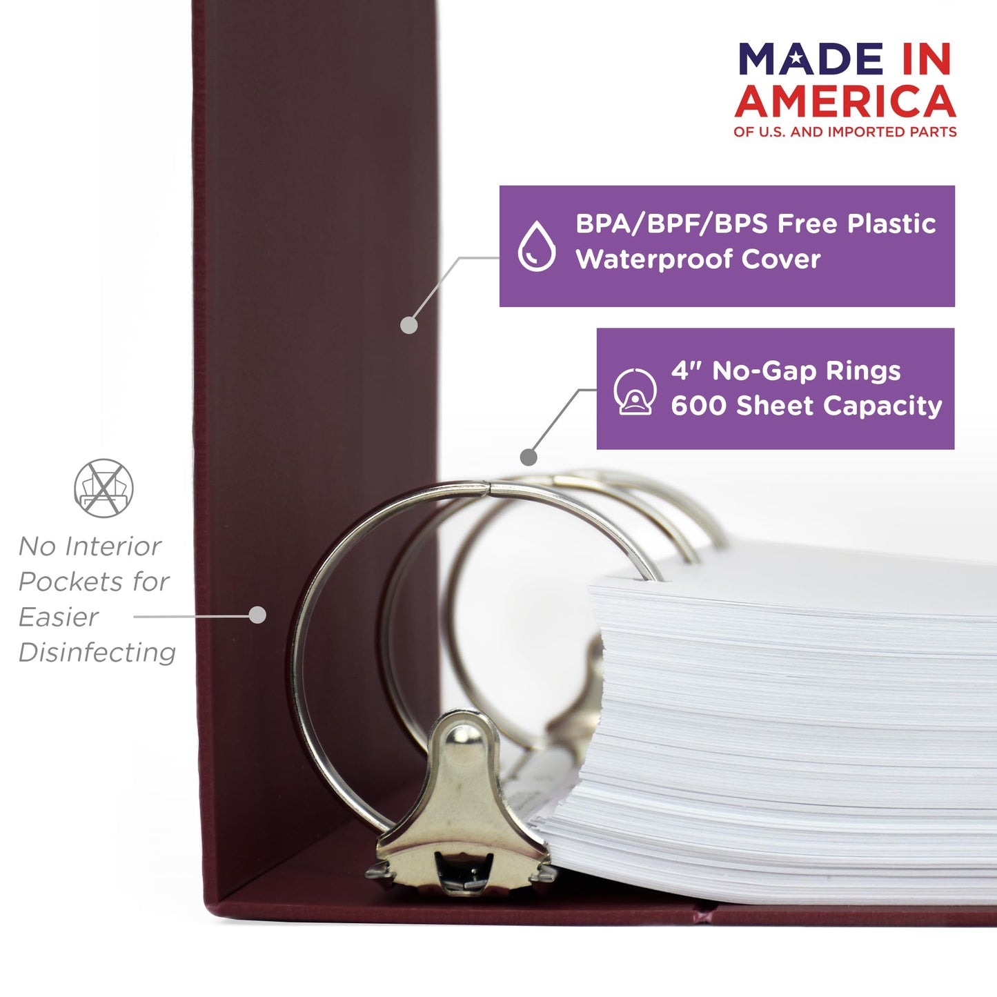 Carstens 4- Inch Heavy Duty 3-Ring Binder - Side Opening, Wine