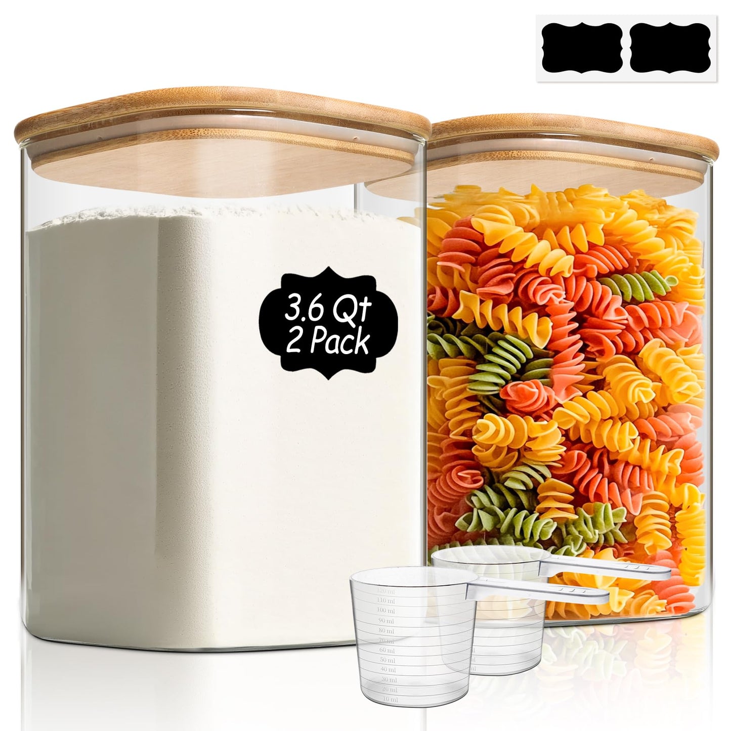 ComSaf Airtight Glass Jars Kitchen Storage 3.4 L Square 2 Pieces, Airtight Glass Jar with Lid, Spaghetti Box, Pasta