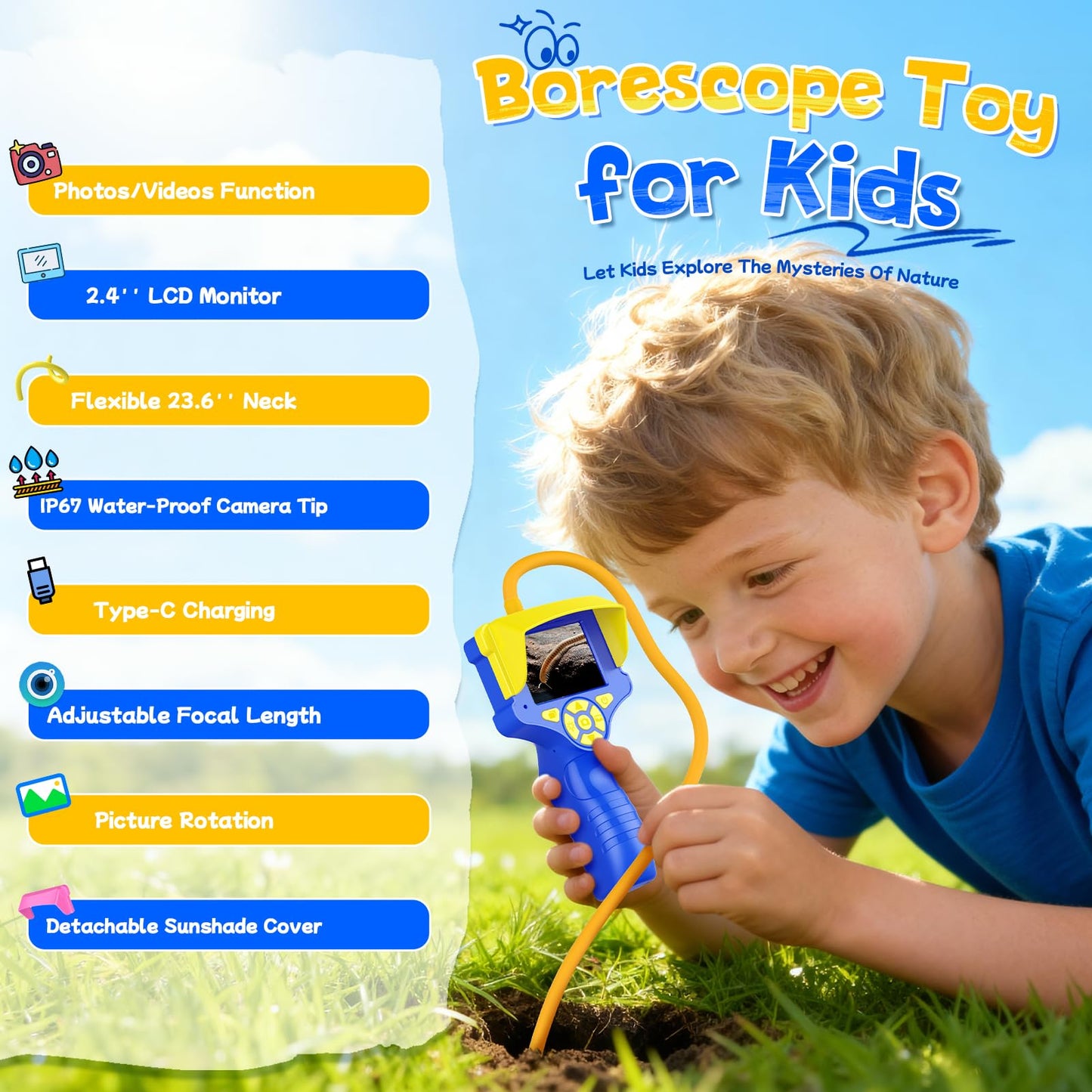 Borescope Camera with Light for Kids,Rechargeable Outdoor STEM Toys Camping for Nature Exploration,Educational Birthday Gifts for 3 4 5 6 7 8-10 Year Old Boys Girls