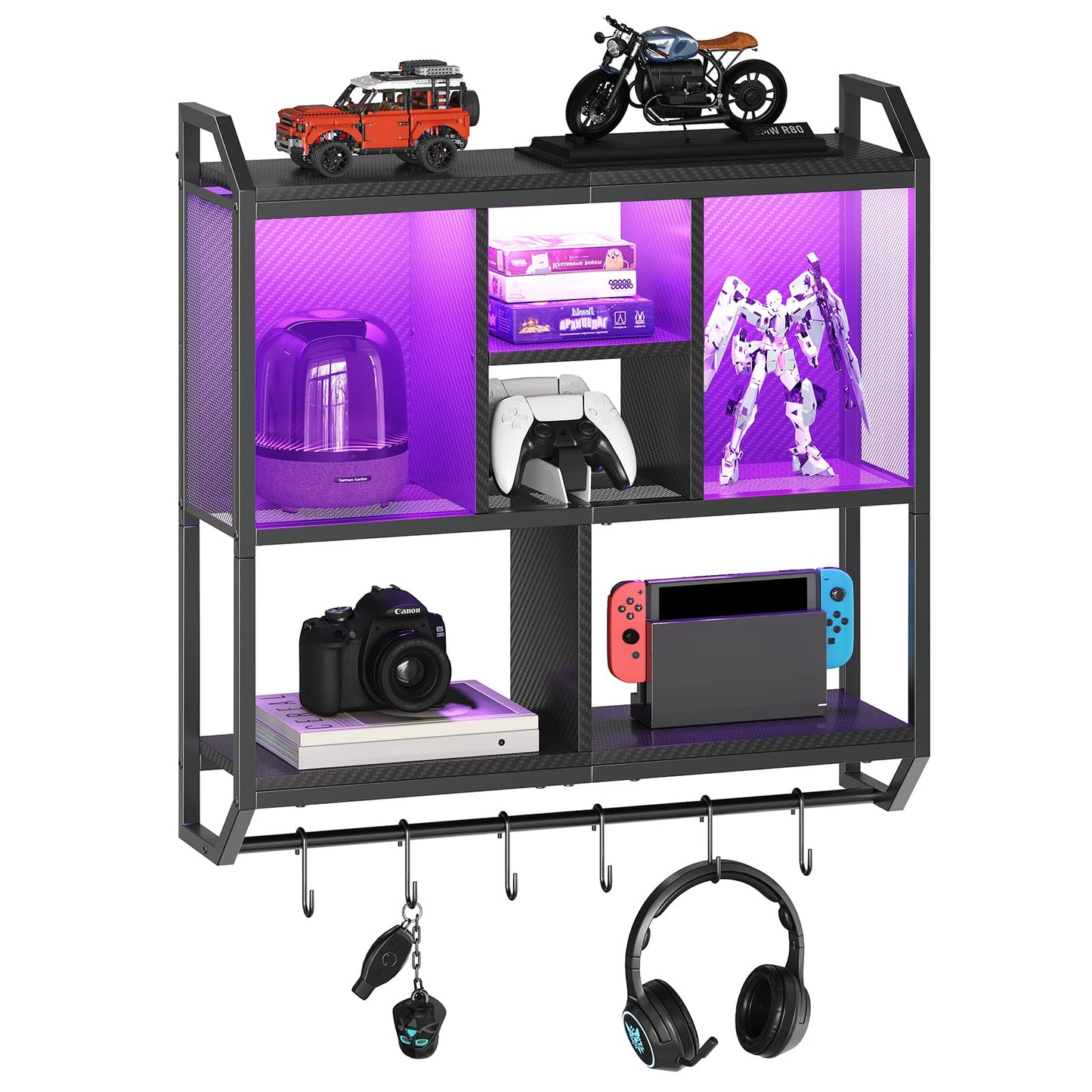 HOOBRO Gaming Floating Shelves with LED Lights, 3-Tier Wall Mounted Shelf for Wall Storage, 75 cm Pipe Shelves Hanging Display Rack, with Hanging Rod and 6 S-Hooks, for Gaming Room, Black BB70DBJ01