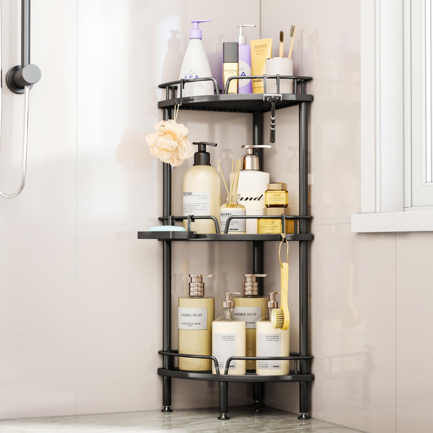 SWTYMIKI Shower Caddy Corner - 3 Tier Rustproof Bathroom Corner Shelf Standing Shower Organizer Rack Corner Shelf with Soap Holder for Inside Bathroom, Bathtub, Showers Pan, Black