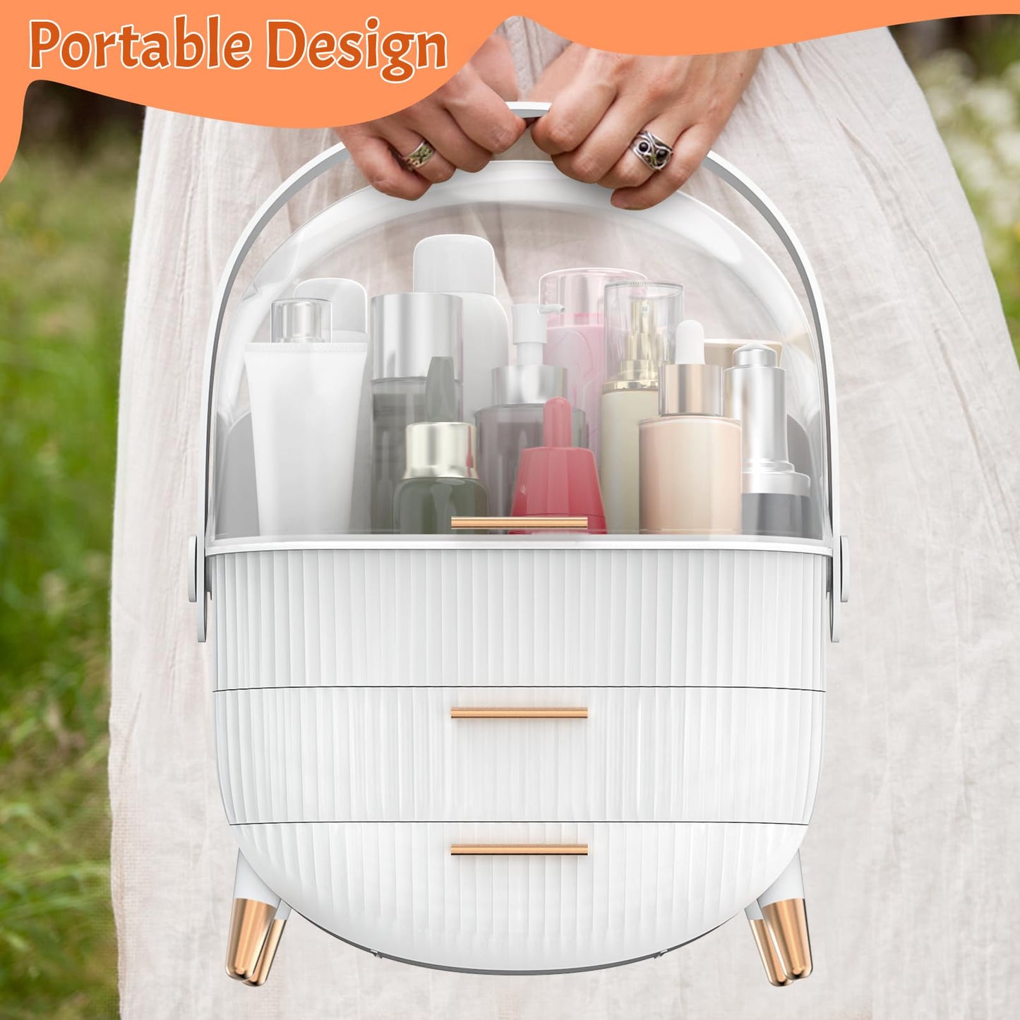Forthee Makeup Organizer, Cosmetics Organizer Display Case with Two Drawers and Brush Storage Box, Skincare Organizer Box Suitable for Bathroom Countertop and Bedroom Vanity Dresser (White)