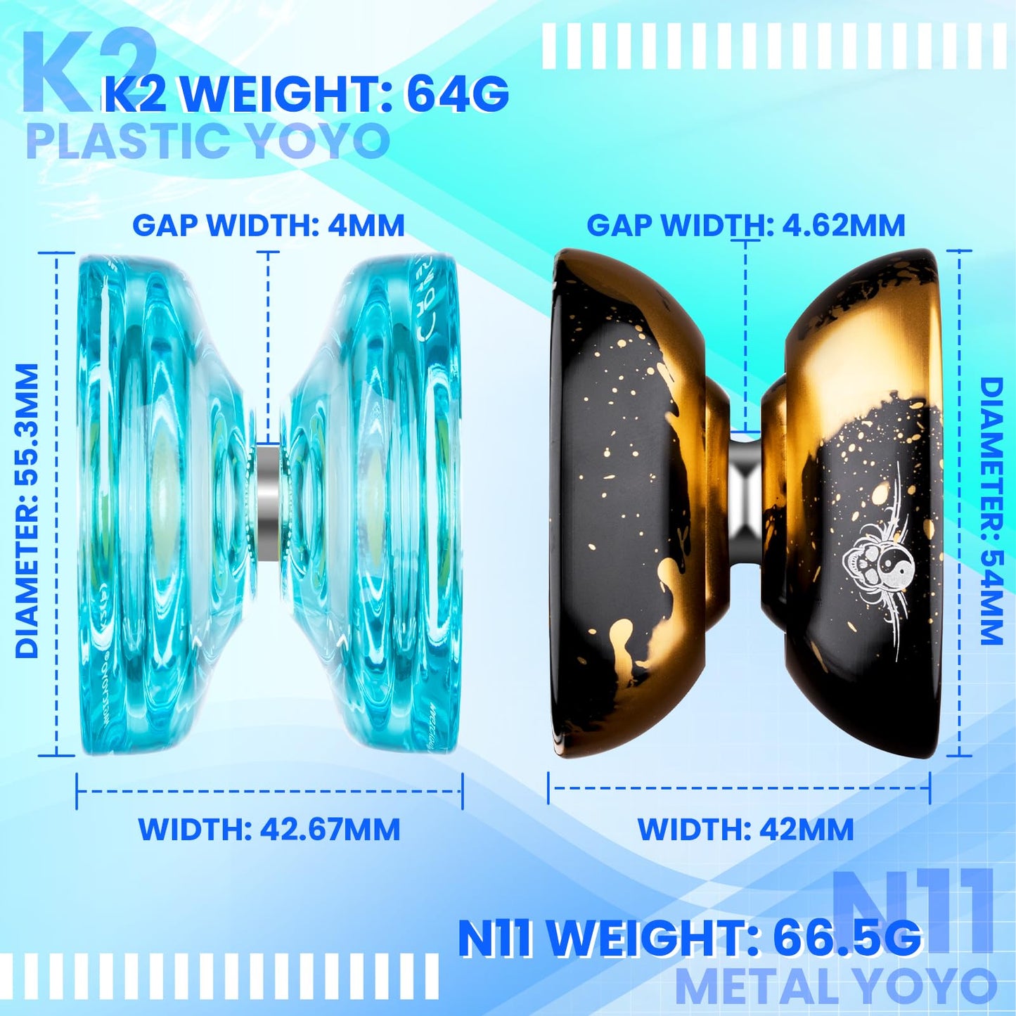 MAGICYOYO Professional Yoyo for Kids, Pack of 2 Yoyos, Unresponsive Yo Yo N11 and Responsive Yo yo K2, Dual Purpose Yo-yo for Beginner/Advanced, Extra Yoyo Case + 12 Strings + Bearing Kit