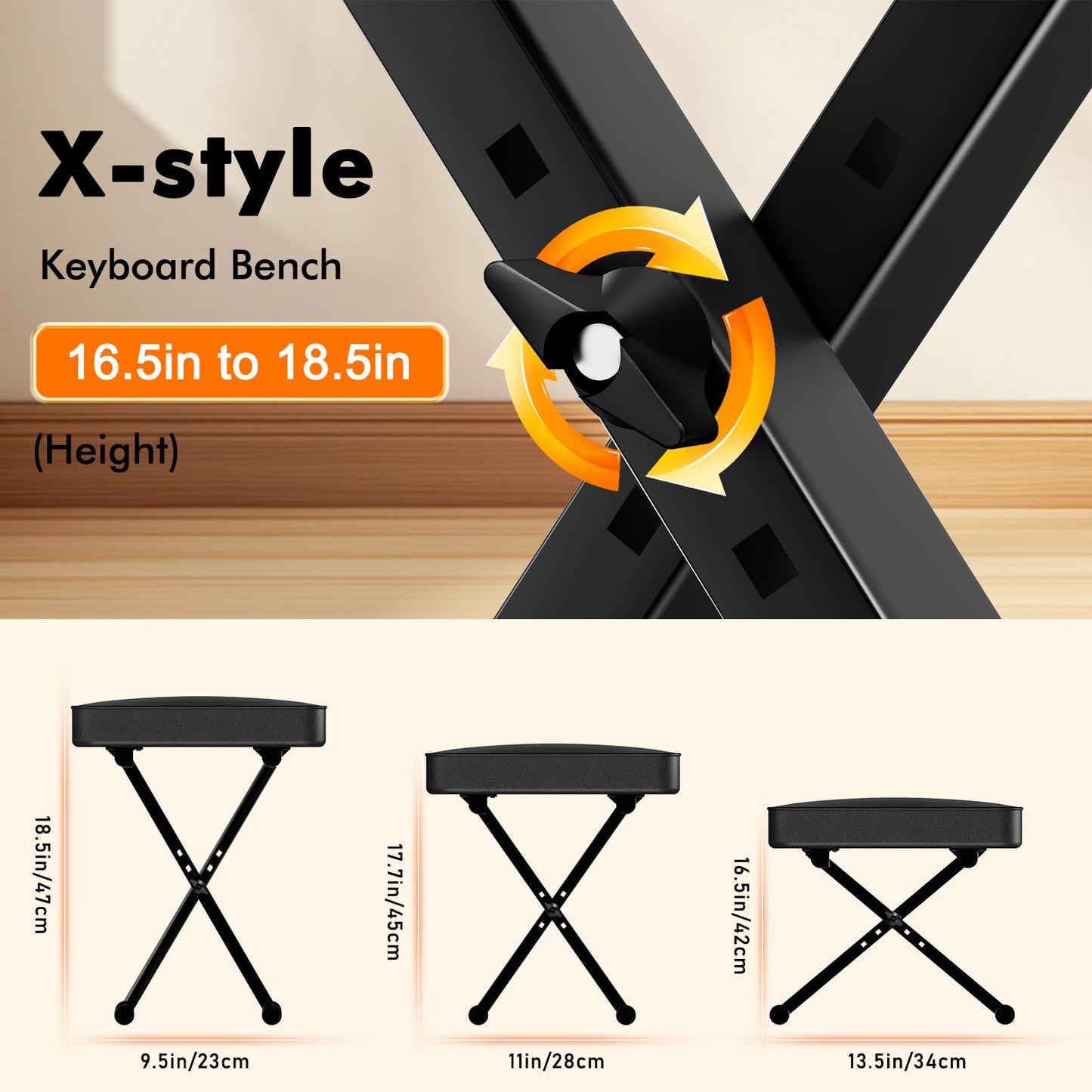 GLEAM Keyboard Bench X-Style Height Adjustable 16.5-18.5in Padded Cushion Piano Stool Bench Keyboard Chair for Keyboards Piano