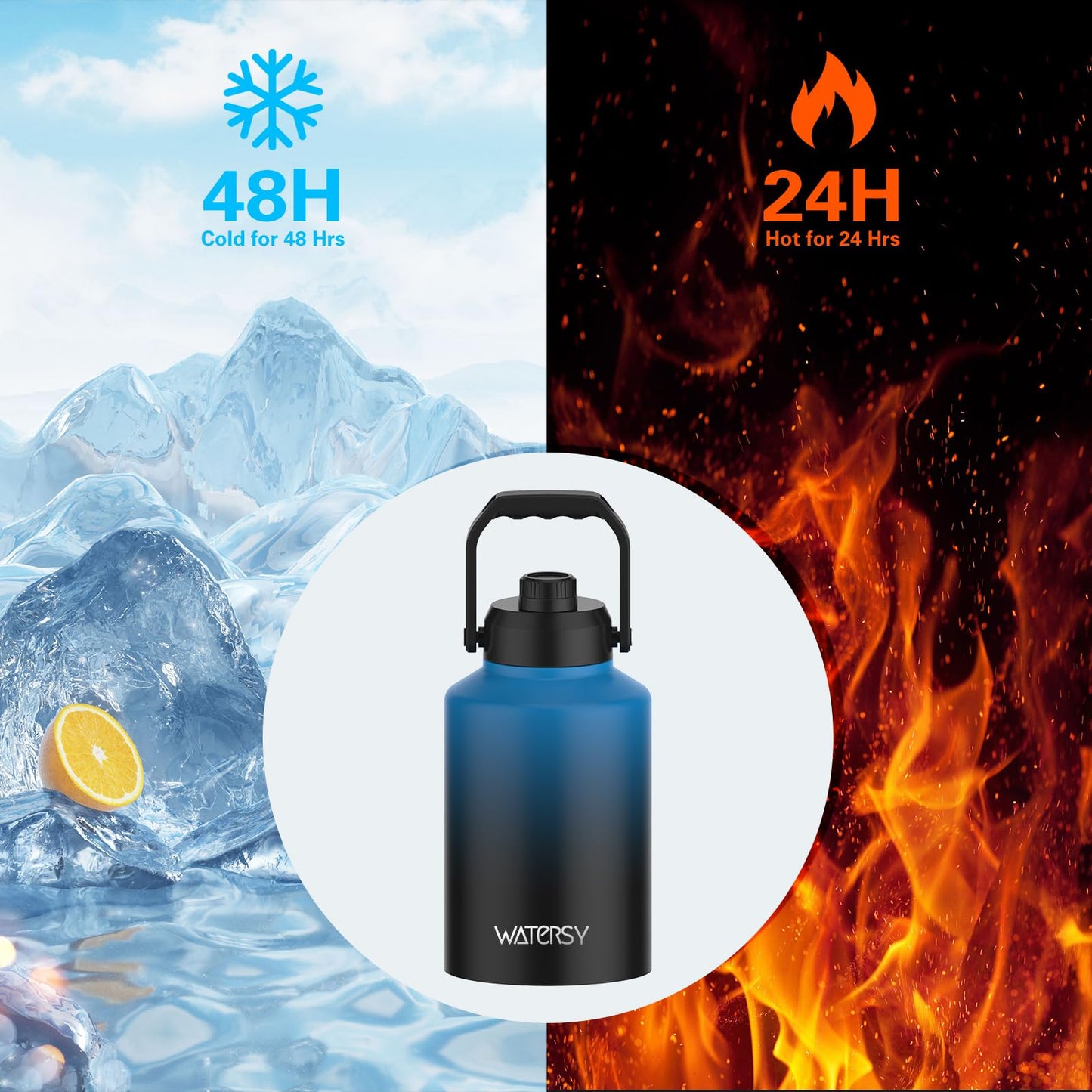WATERSY 1 Gallon Water Bottle Insulated(Cold for 48 Hrs),BPA Free&Leak Proof,128oz Stainless Steel Water Jug,Big Flask,Large Water Bottle with Handle for Gym,Hiking,Camping&Travel,Gradient Blue