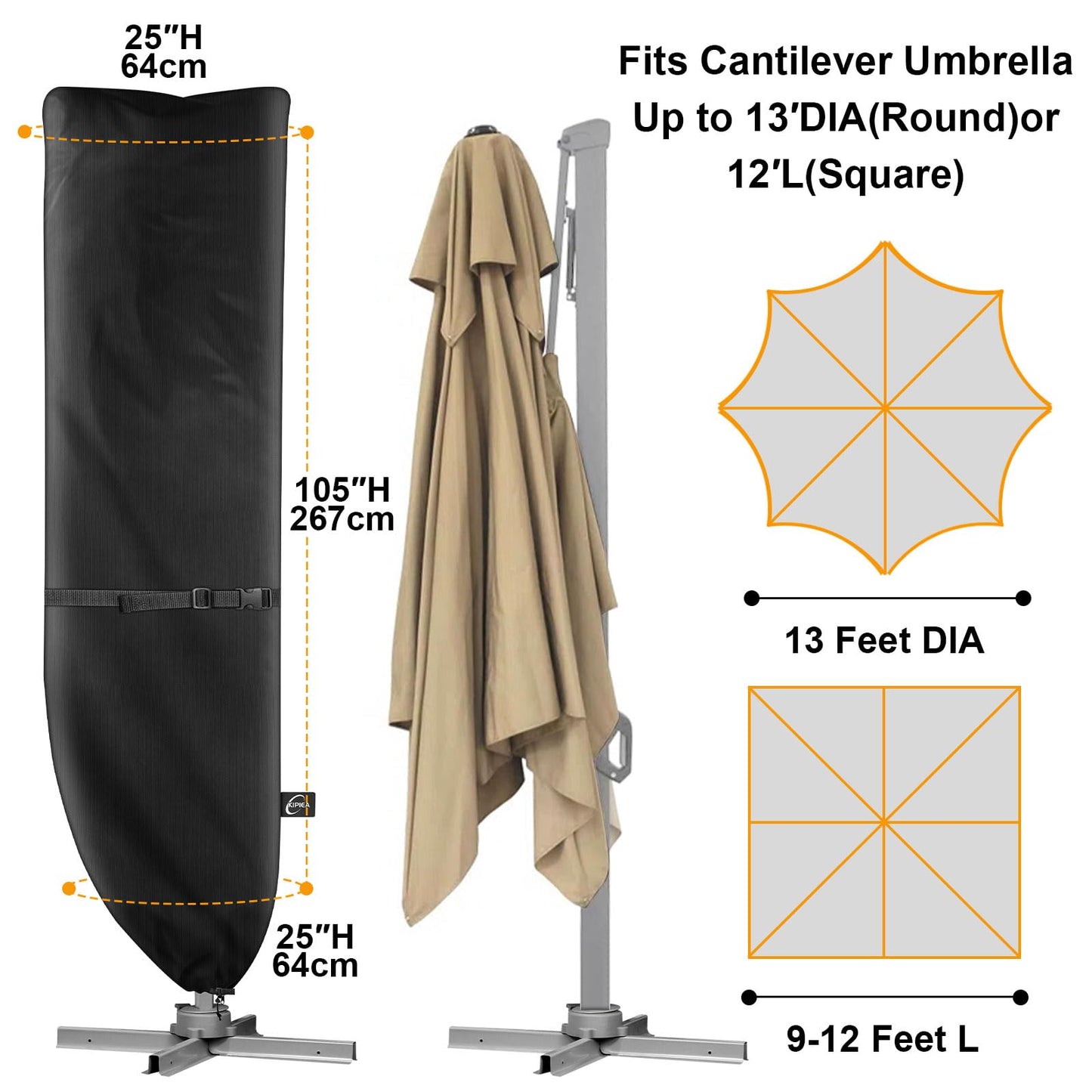 Kipiea Patio Umbrella Cover for 9'-13' Cantilever Umbrella, Upgraded 500D Heavy Duty Outdoor Umbrella Covers with Support Pole and Zipper
